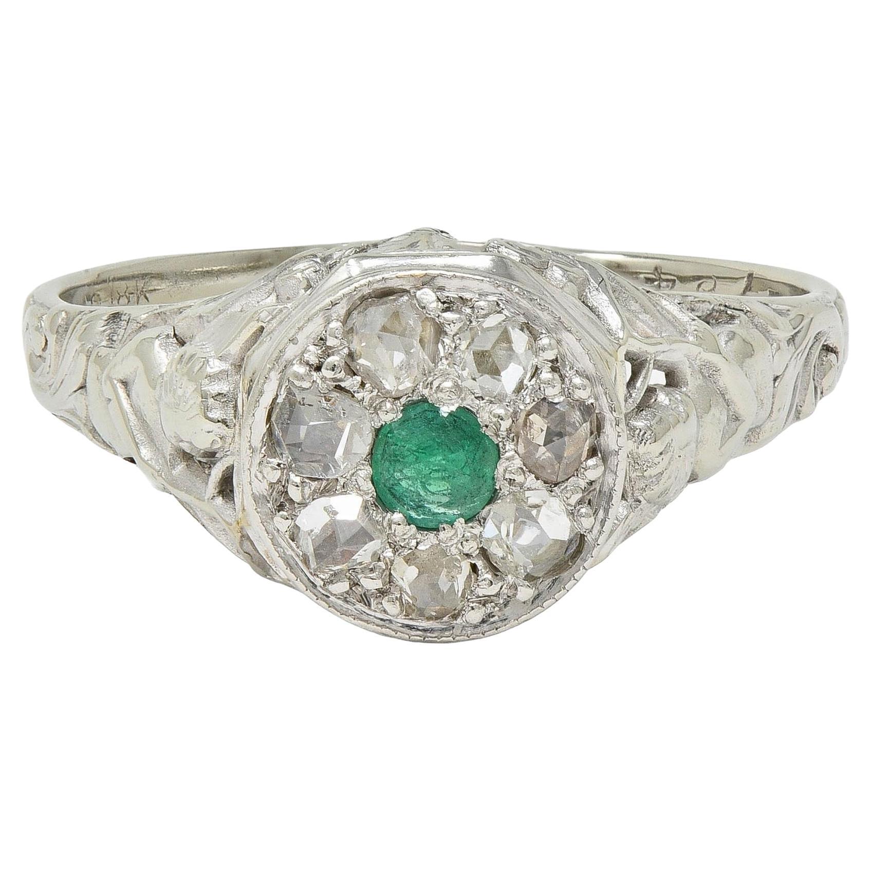 1940's Emerald Diamond 18 Karat White Gold Vintage Cupid Cluster Ring