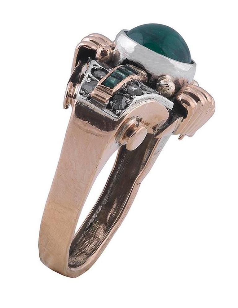 Women's 1940s Emerald Diamond Gold Platinum Retro Dress Ring