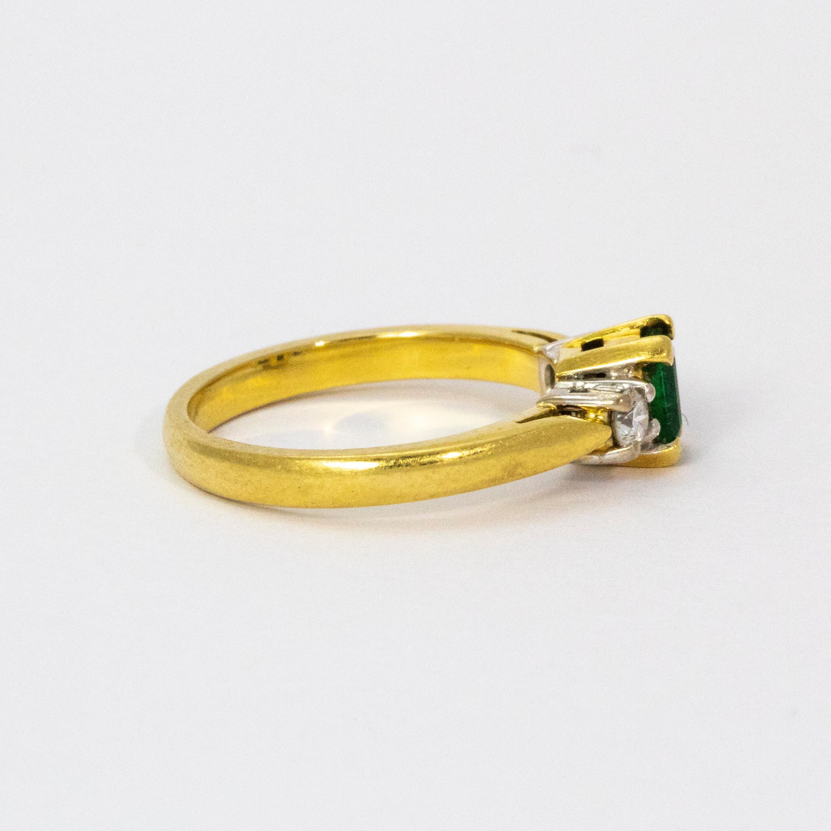 1940s Emerald Diamond Platinum 18 Carat Gold Three-Stone Ring In Good Condition In Chipping Campden, GB