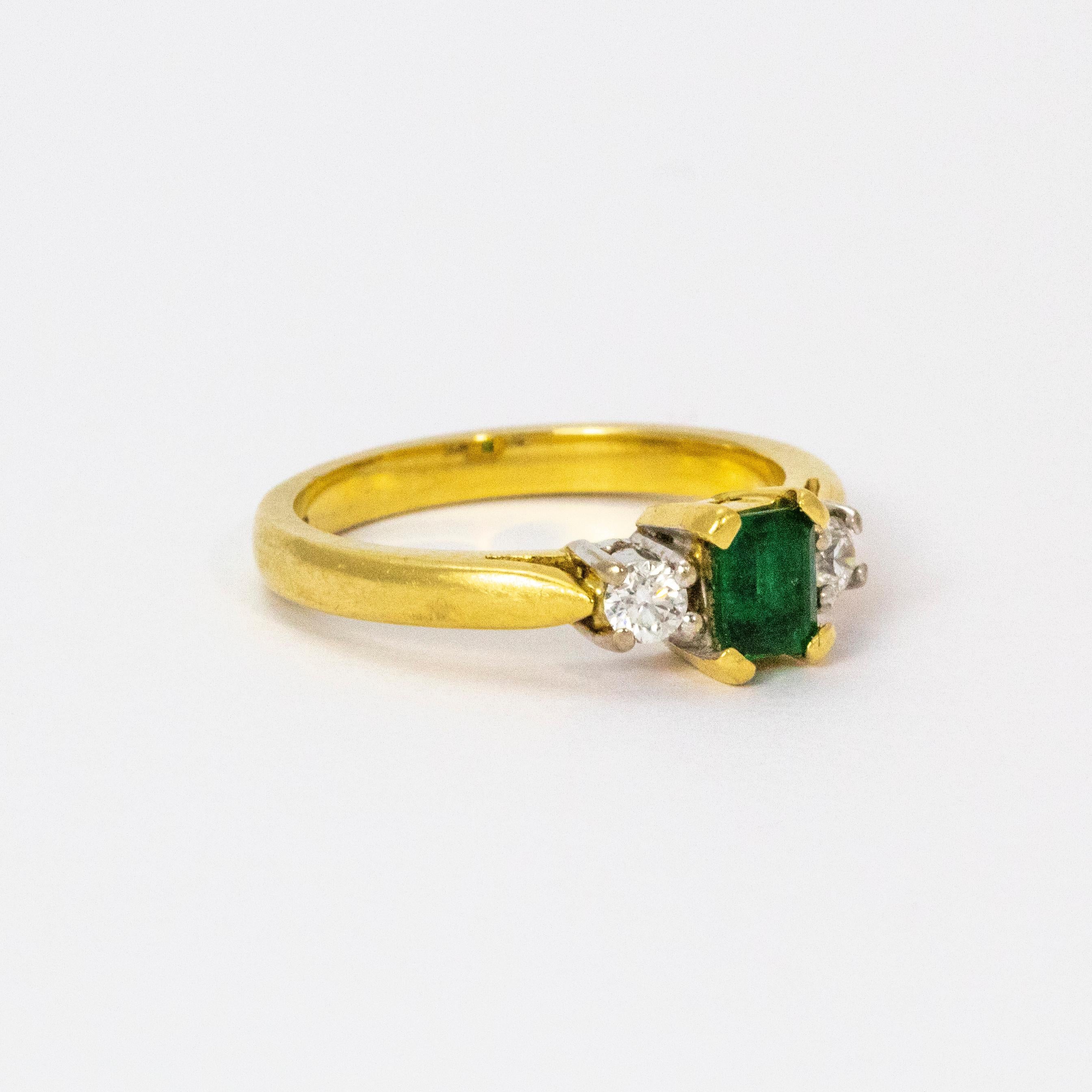 Women's or Men's 1940s Emerald Diamond Platinum 18 Carat Gold Three-Stone Ring