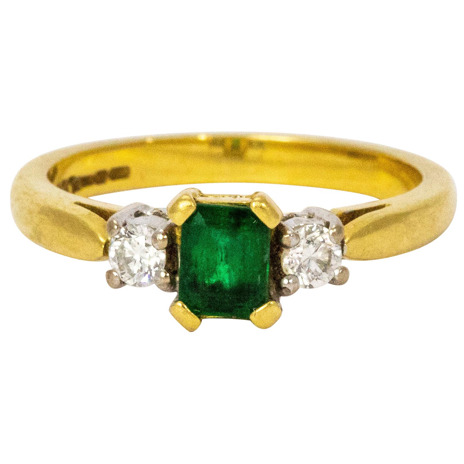 1940s Emerald Diamond Platinum 18 Carat Gold Three-Stone Ring
