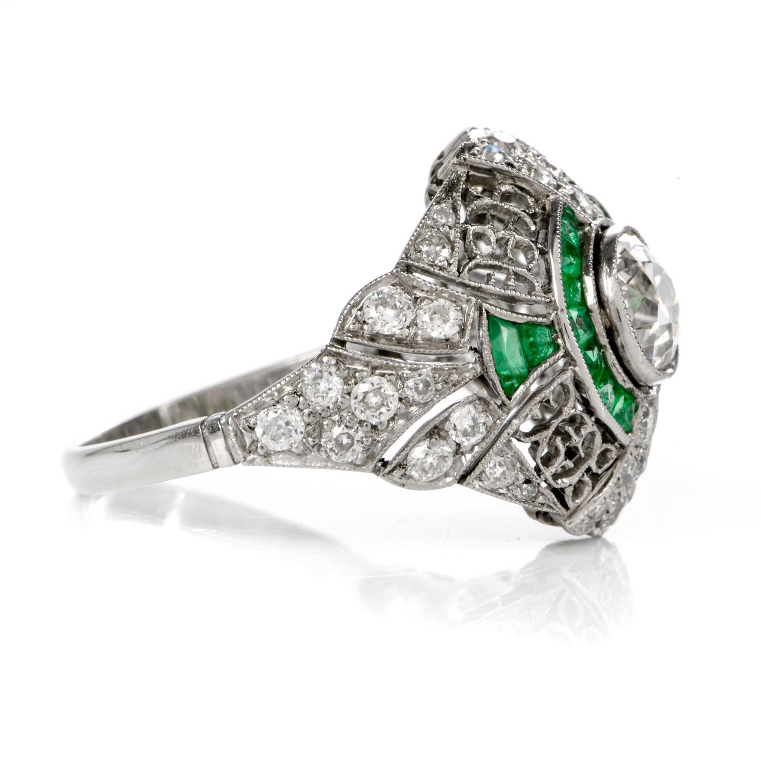 Belle Époque Edwardian Style Emerald Diamond Platinum Dome Engagement Ring