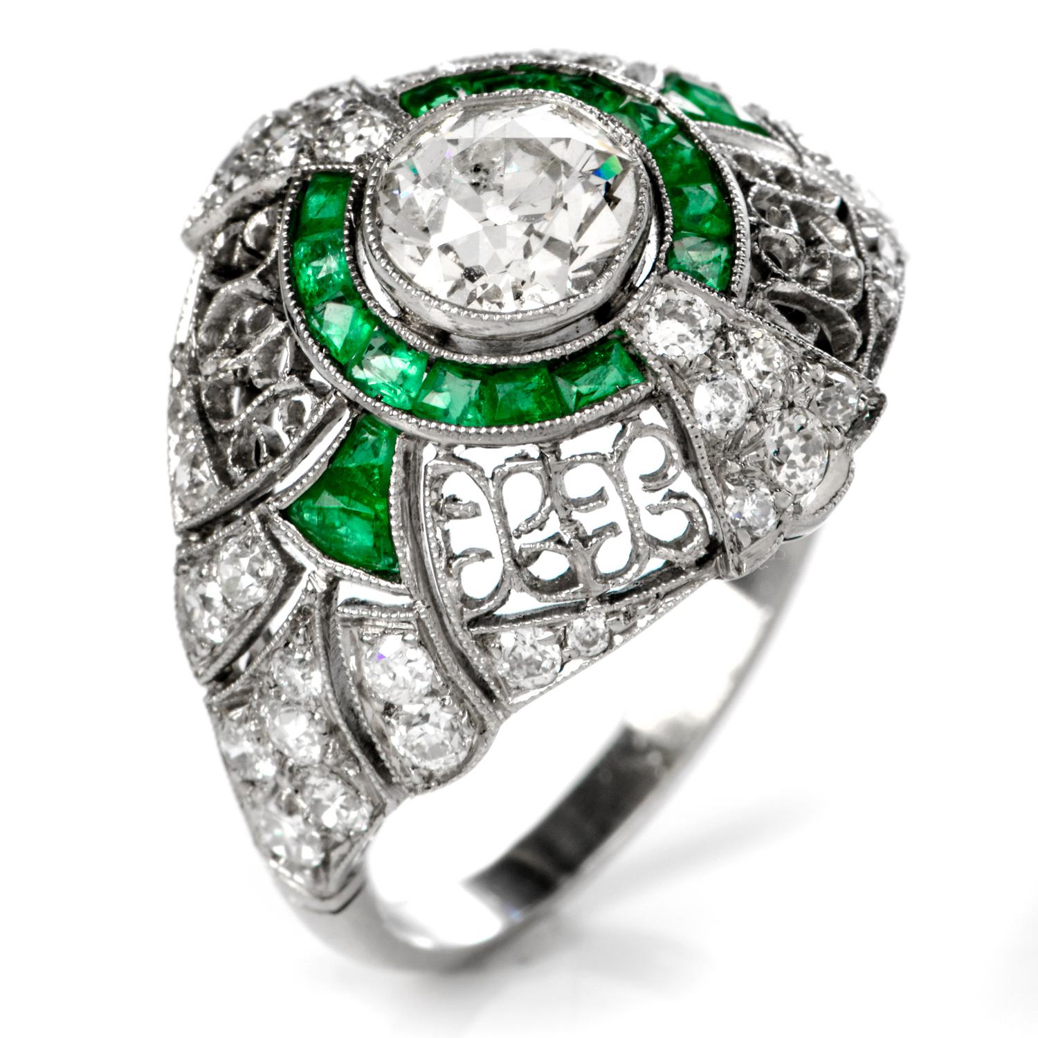 Edwardian Style Emerald Diamond Platinum Dome Engagement Ring In Excellent Condition In Miami, FL