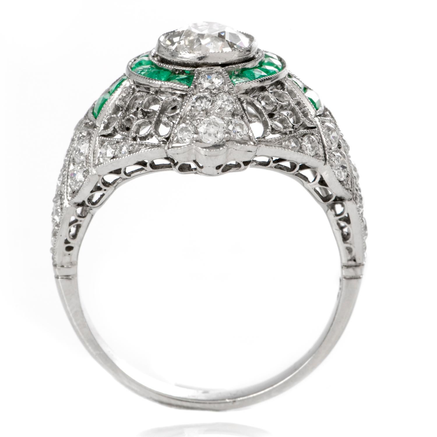 Women's Edwardian Style Emerald Diamond Platinum Dome Engagement Ring
