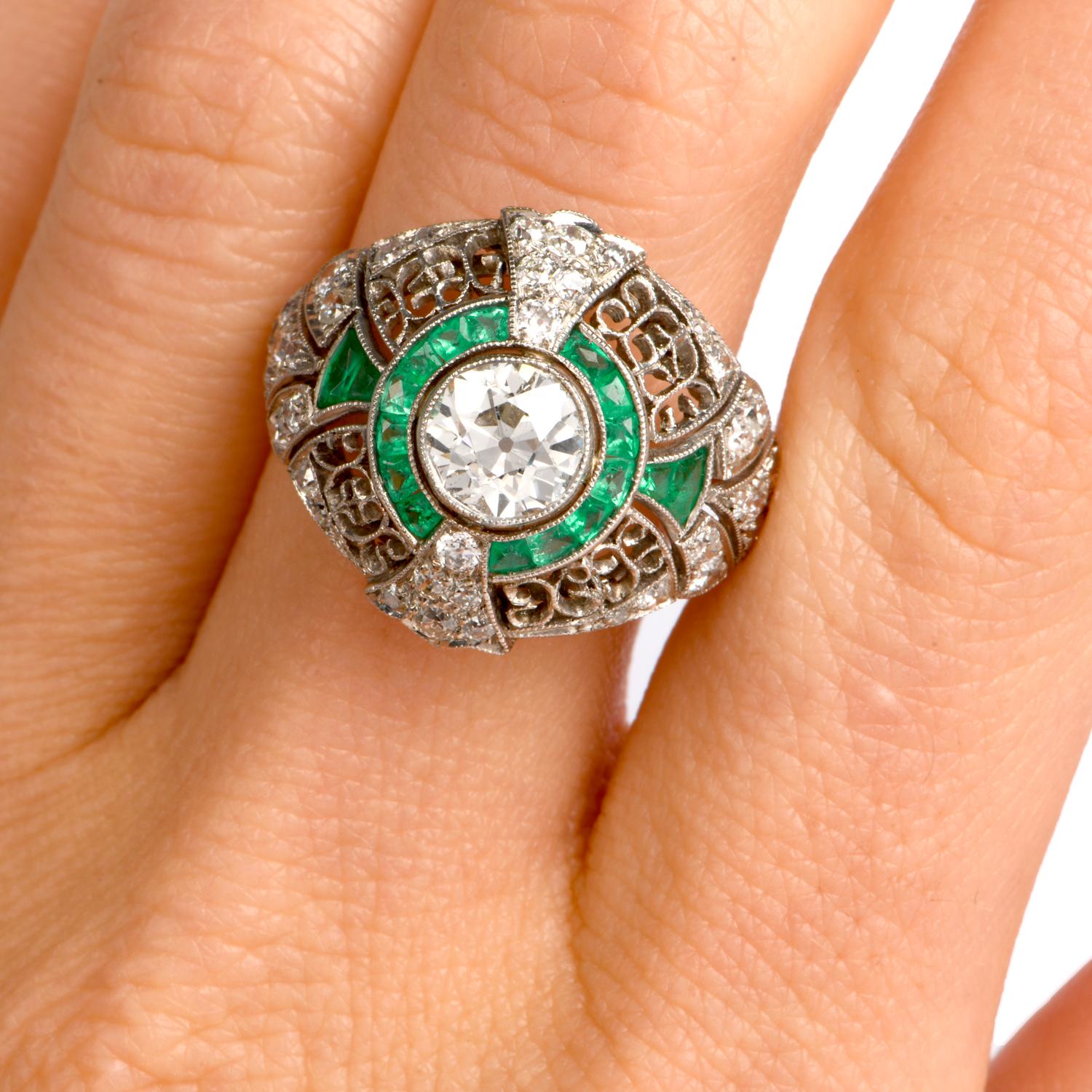 Edwardian Style Emerald Diamond Platinum Dome Engagement Ring 1
