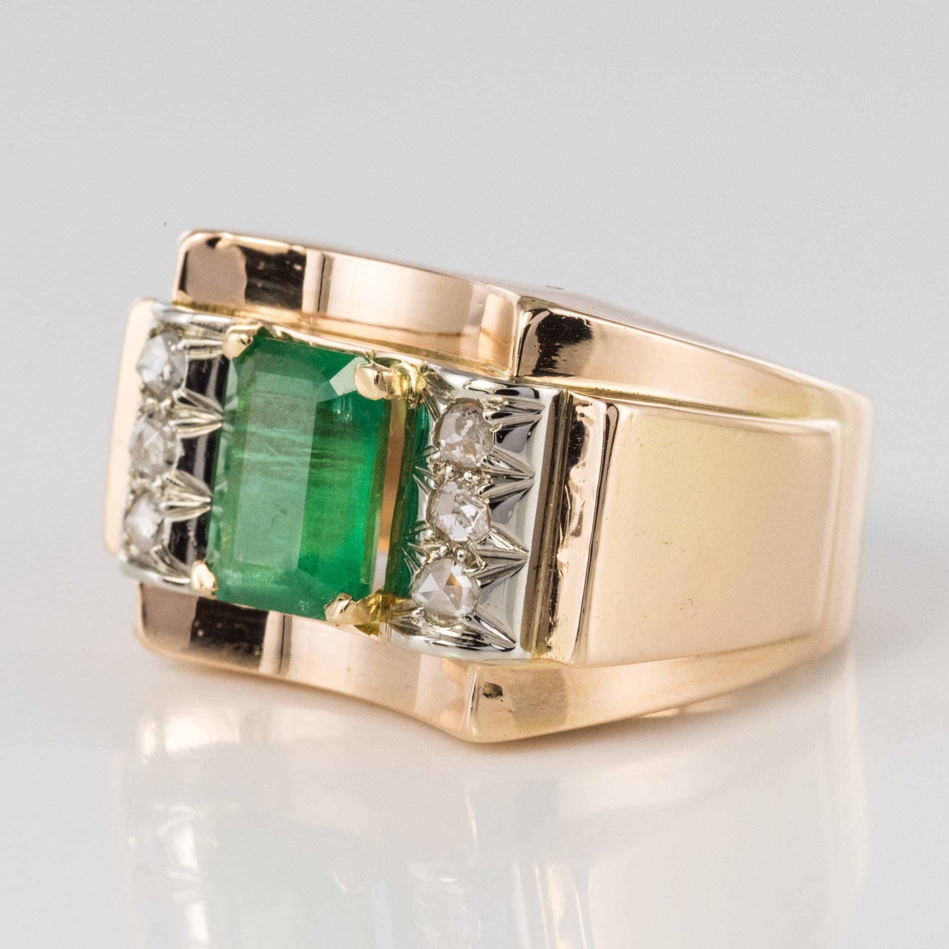 Retro 1940s Emerald Diamonds 18 Karat Yellow Gold Tank Ring