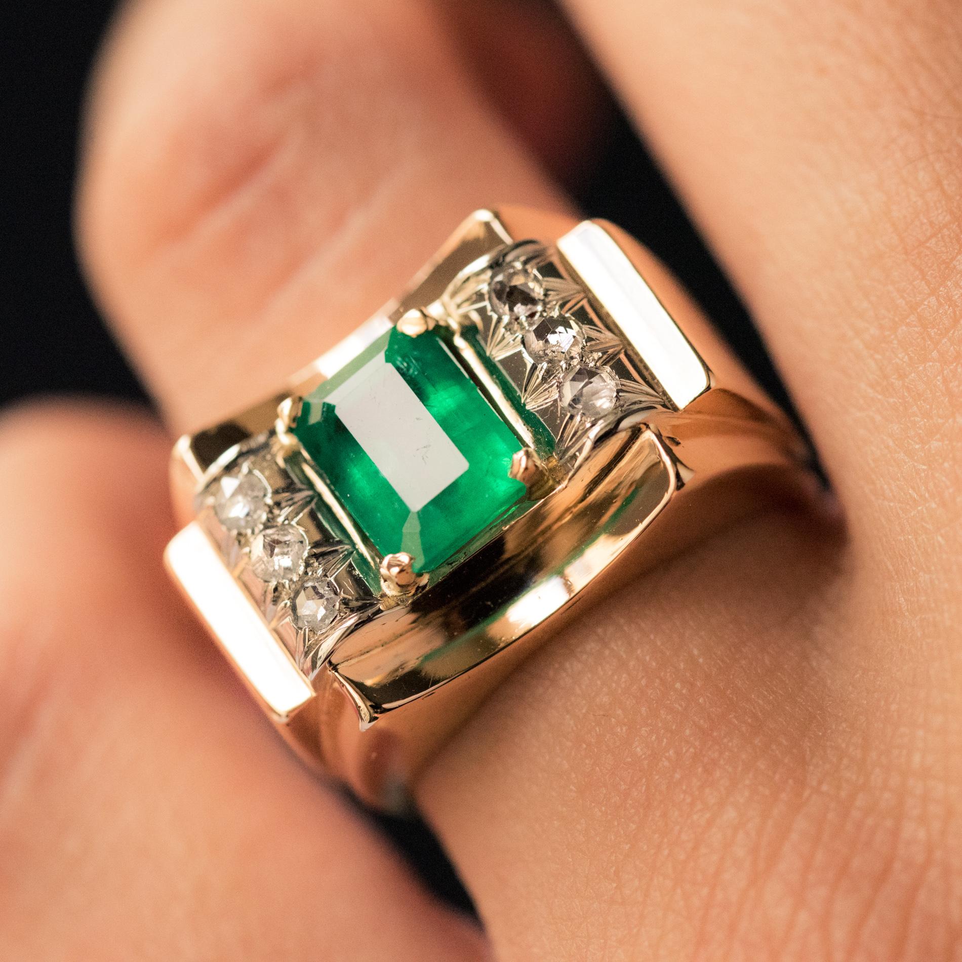 Emerald Cut 1940s Emerald Diamonds 18 Karat Yellow Gold Tank Ring