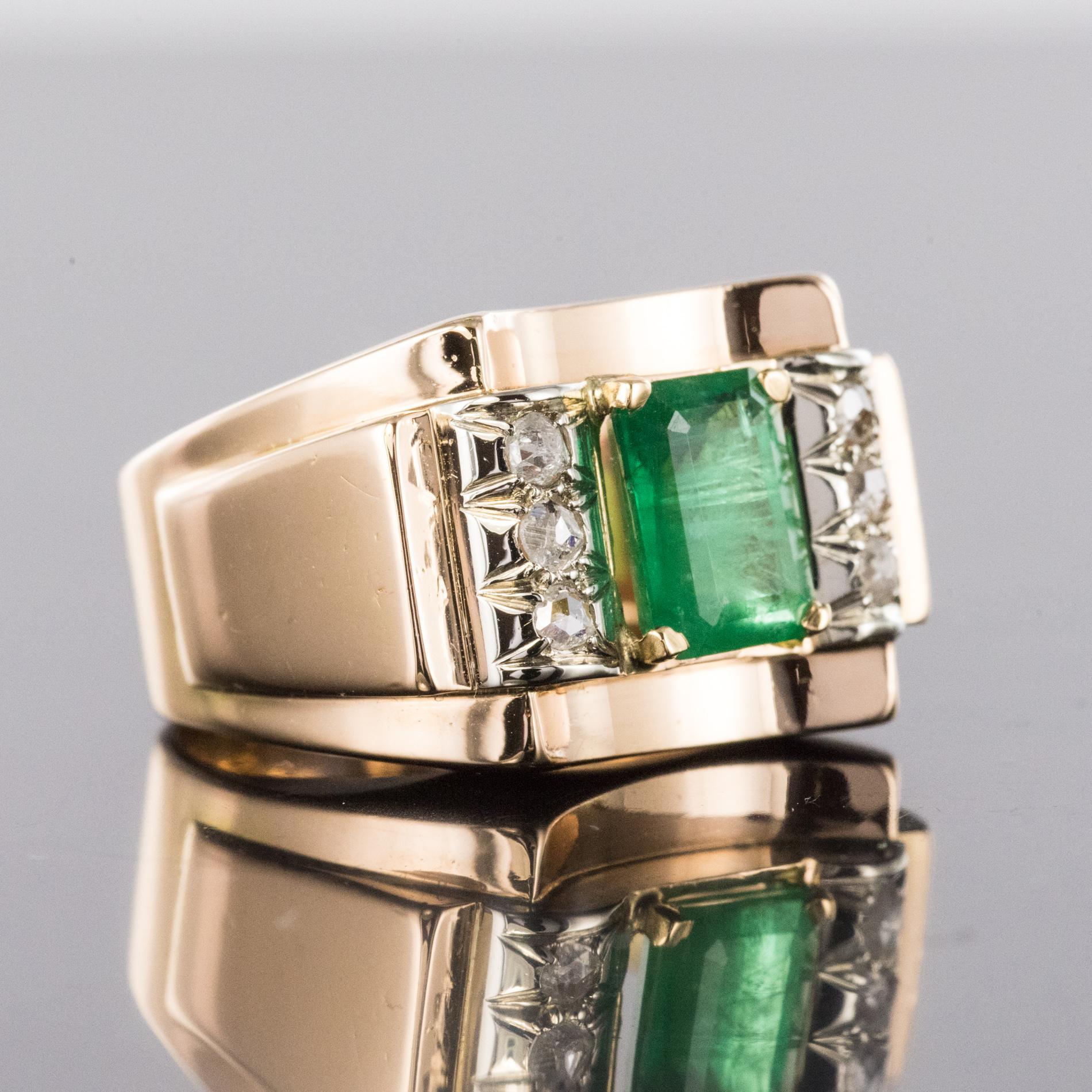 1940s Emerald Diamonds 18 Karat Yellow Gold Tank Ring 1