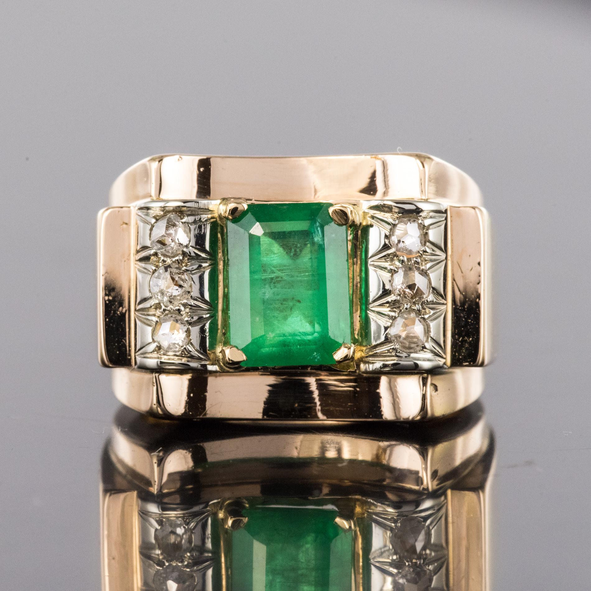 1940s Emerald Diamonds 18 Karat Yellow Gold Tank Ring 3