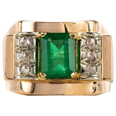 1940s Emerald Diamonds 18 Karat Yellow Gold Tank Ring