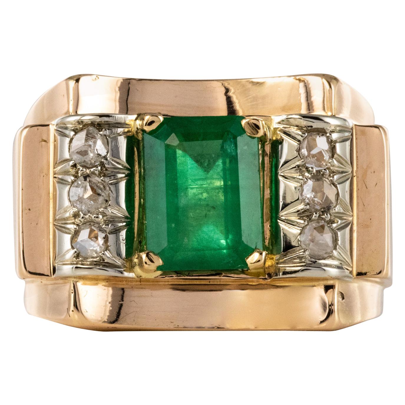 1940s Emerald Diamonds 18 Karat Yellow Gold Tank Ring