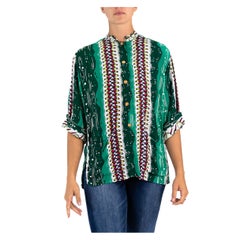 1940S Emerald Green Cold Rayon Hawaiian Print Top With Chinese Collar