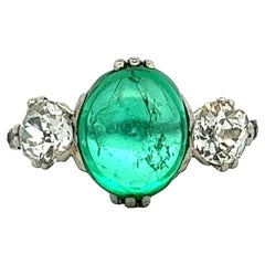 1940's Emerald Old European Diamond Platinum Art Deco Three Stone Cocktail Ring 