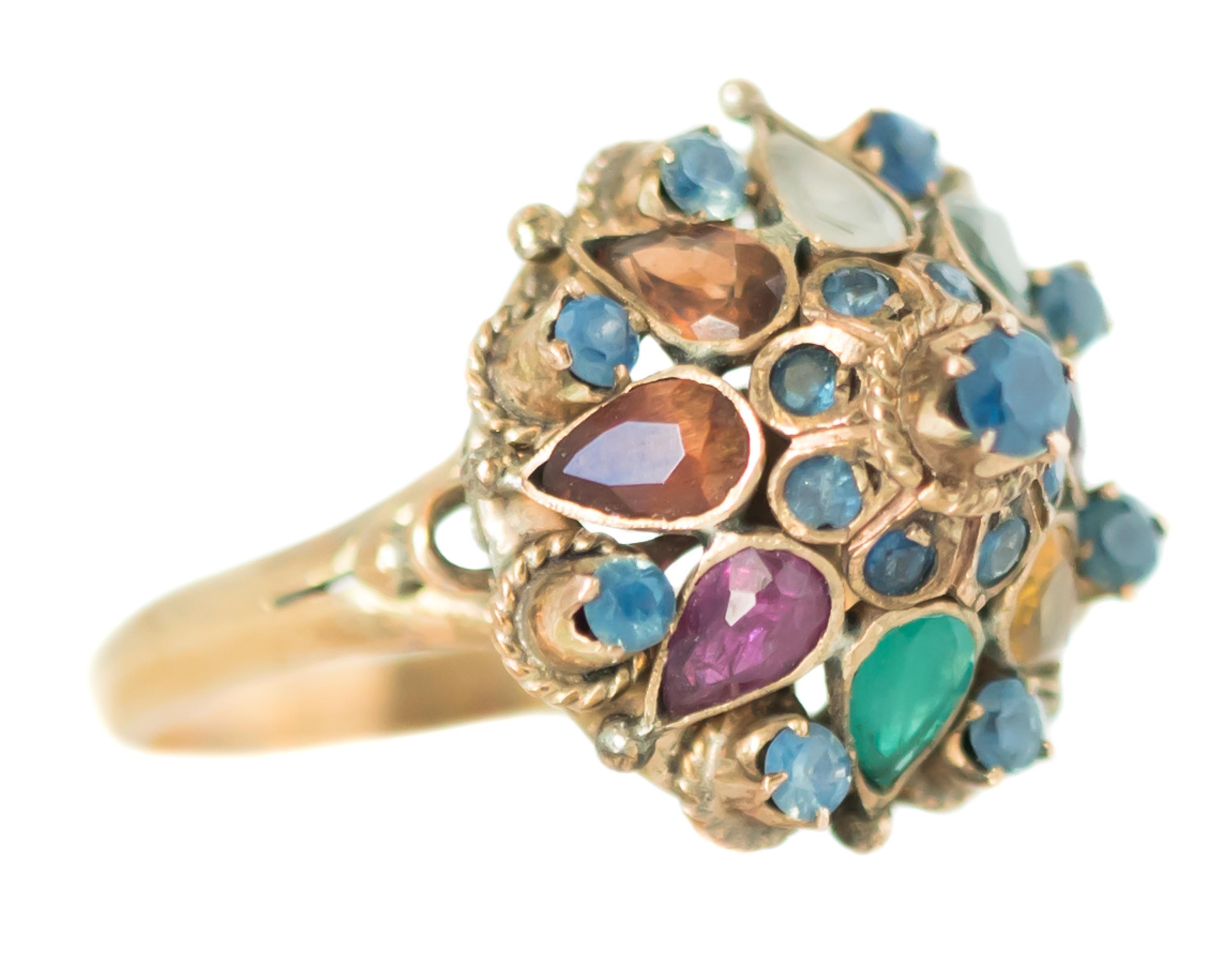 Retro 1940s Emerald, Sapphire, Citrine, 14 Karat Yellow Gold Dome Ring