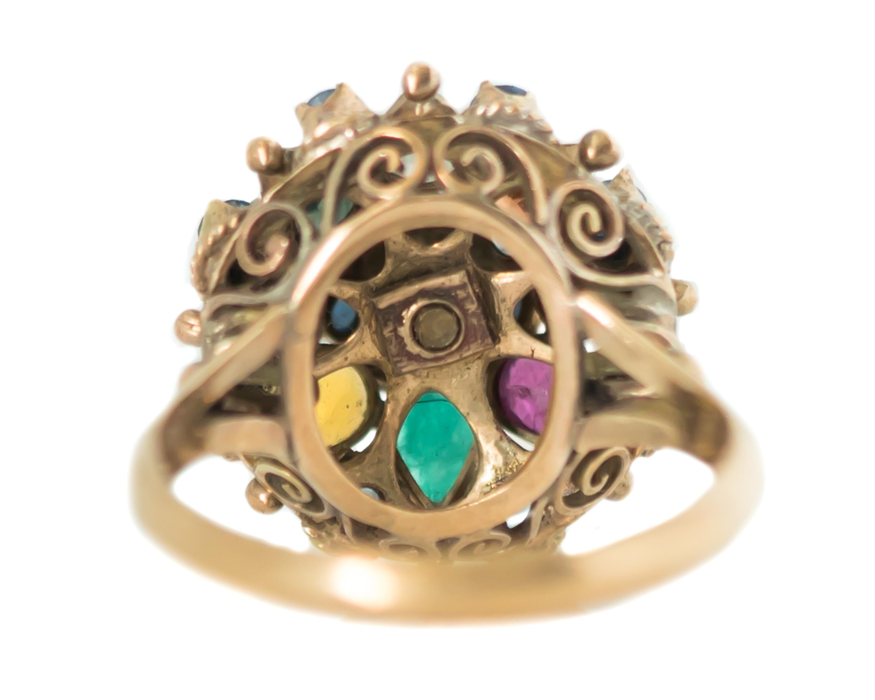 Women's 1940s Emerald, Sapphire, Citrine, 14 Karat Yellow Gold Dome Ring