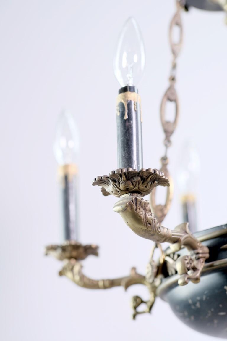 1940s Empire Brass Chandelier Gold & Black Details w/ Torch and Acanthus Leaves 5