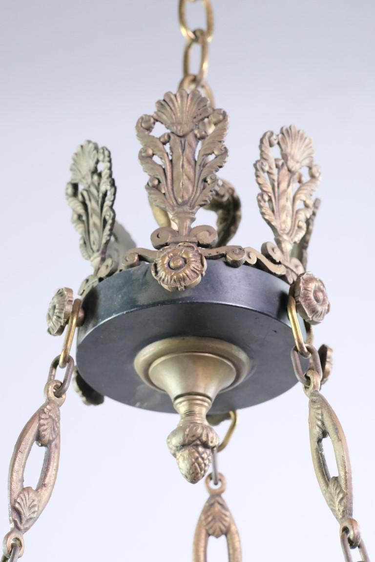 1940s Empire Brass Chandelier Gold & Black Details w/ Torch and Acanthus Leaves 6