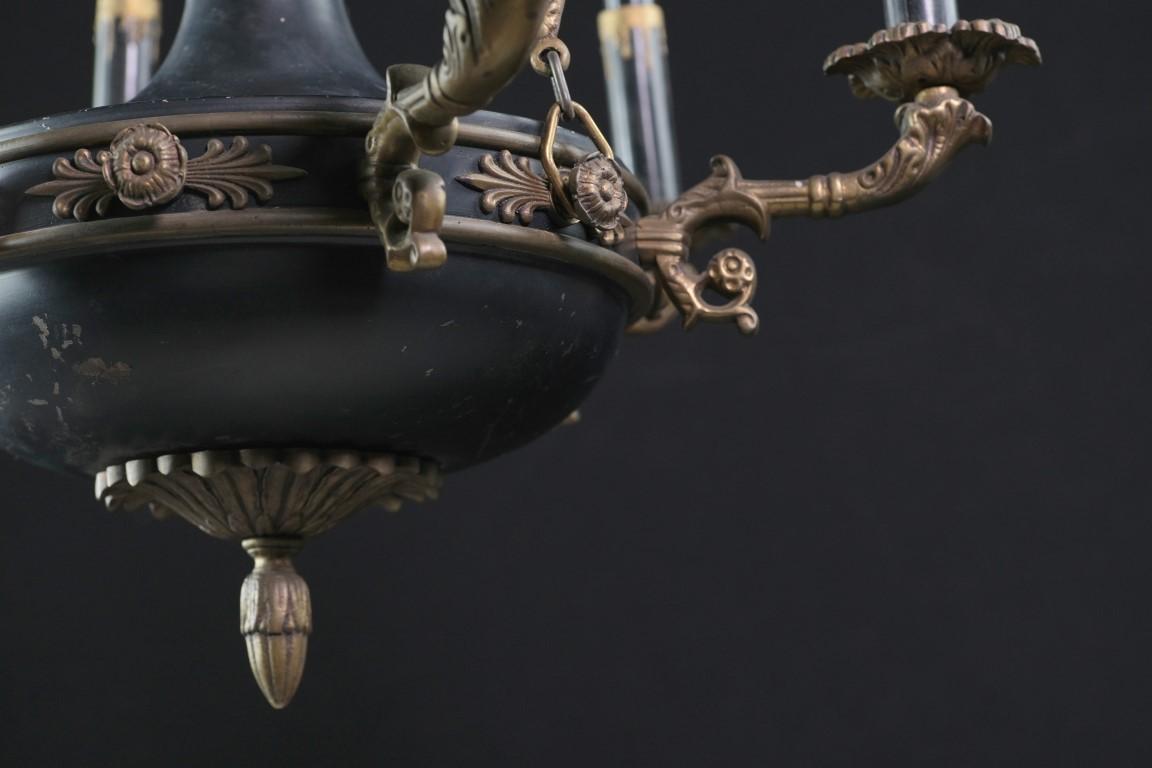 1940s Empire Brass Chandelier Gold & Black Details w/ Torch and Acanthus Leaves In Good Condition In New York, NY