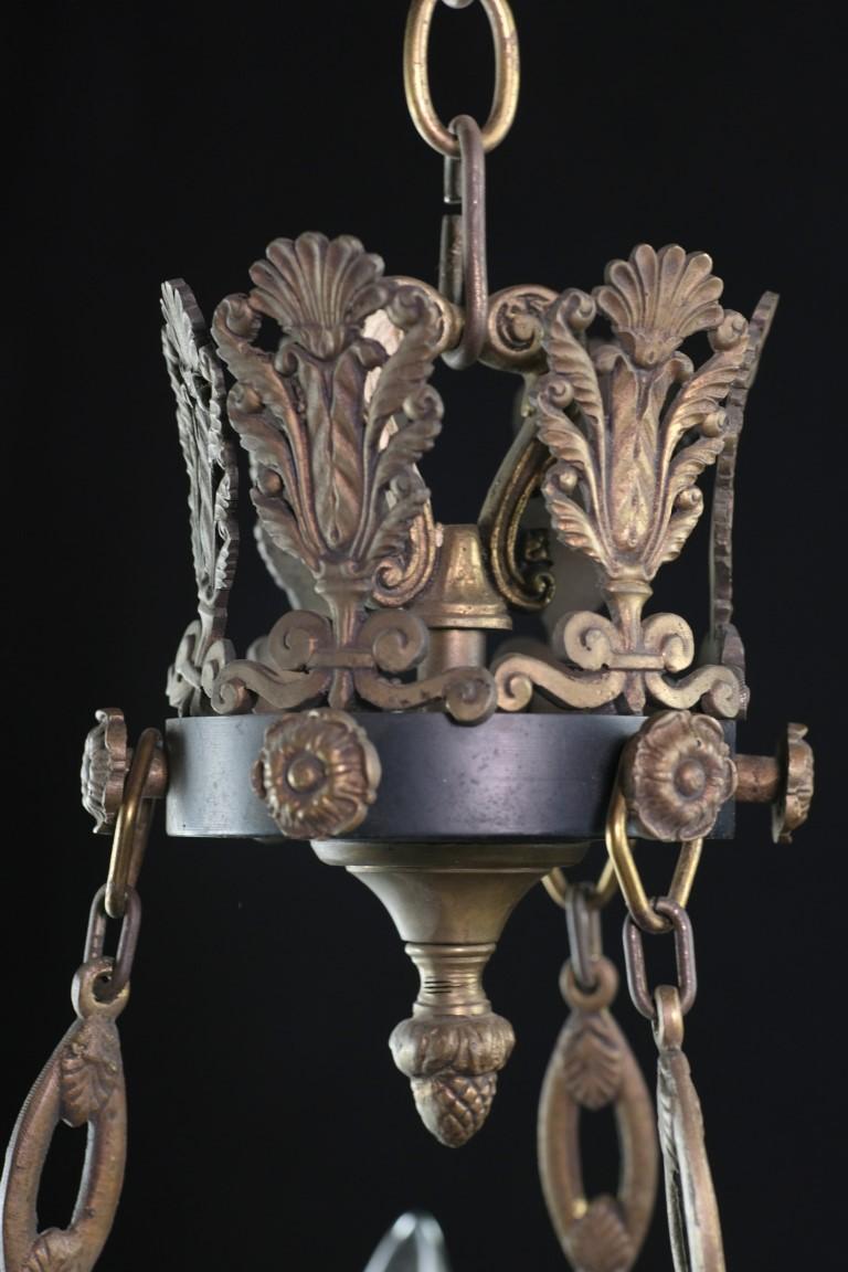 Mid-20th Century 1940s Empire Brass Chandelier Gold & Black Details w/ Torch and Acanthus Leaves