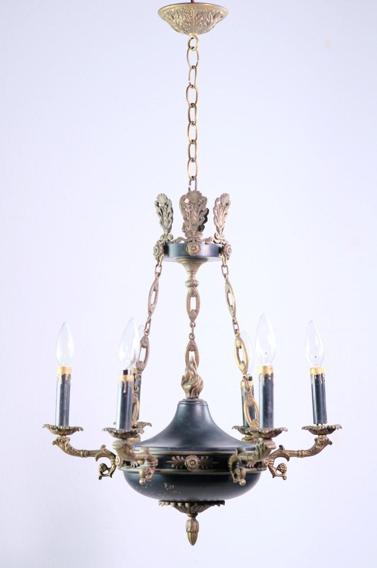 1940s Empire Brass Chandelier Gold & Black Details w/ Torch and Acanthus Leaves 3