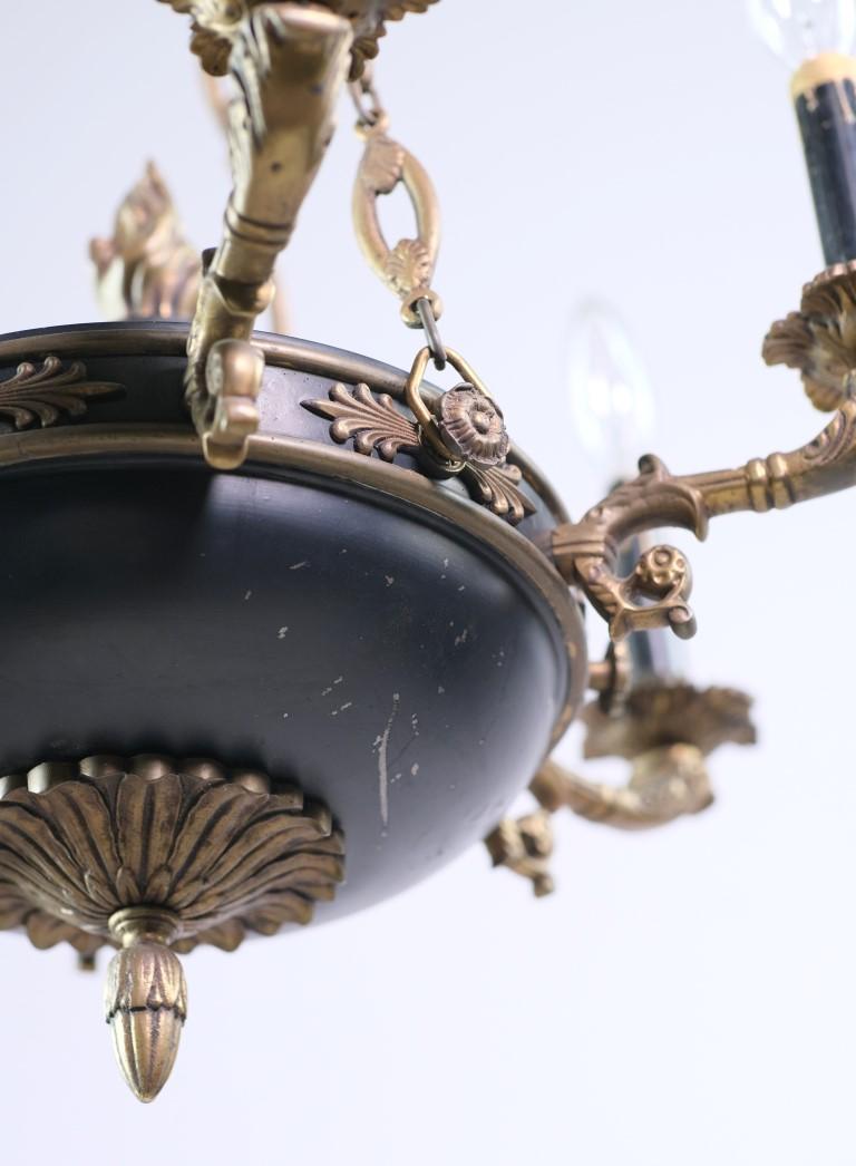 1940s Empire Brass Chandelier Gold & Black Details w/ Torch and Acanthus Leaves 4