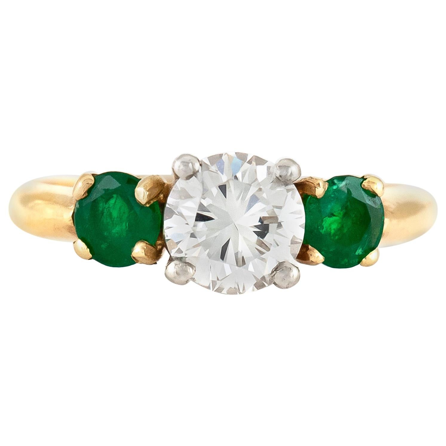 1940s Engagement Ring with Center Emerald and Two Side Emeralds Ring For Sale