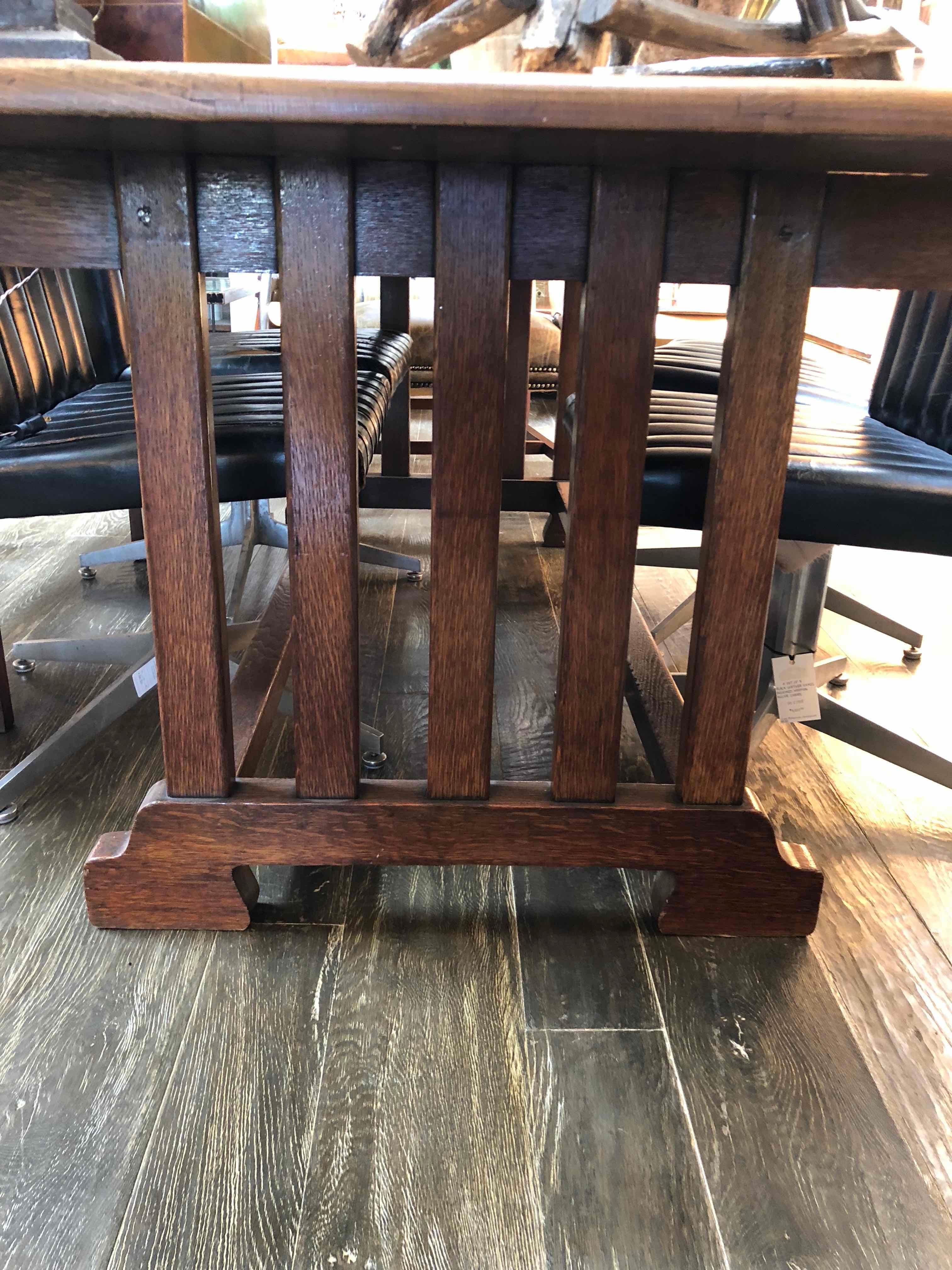 1940s England Arts and Crafts Table in Oak with Slated Base and Double Stretcher In Good Condition In Los Angeles, CA