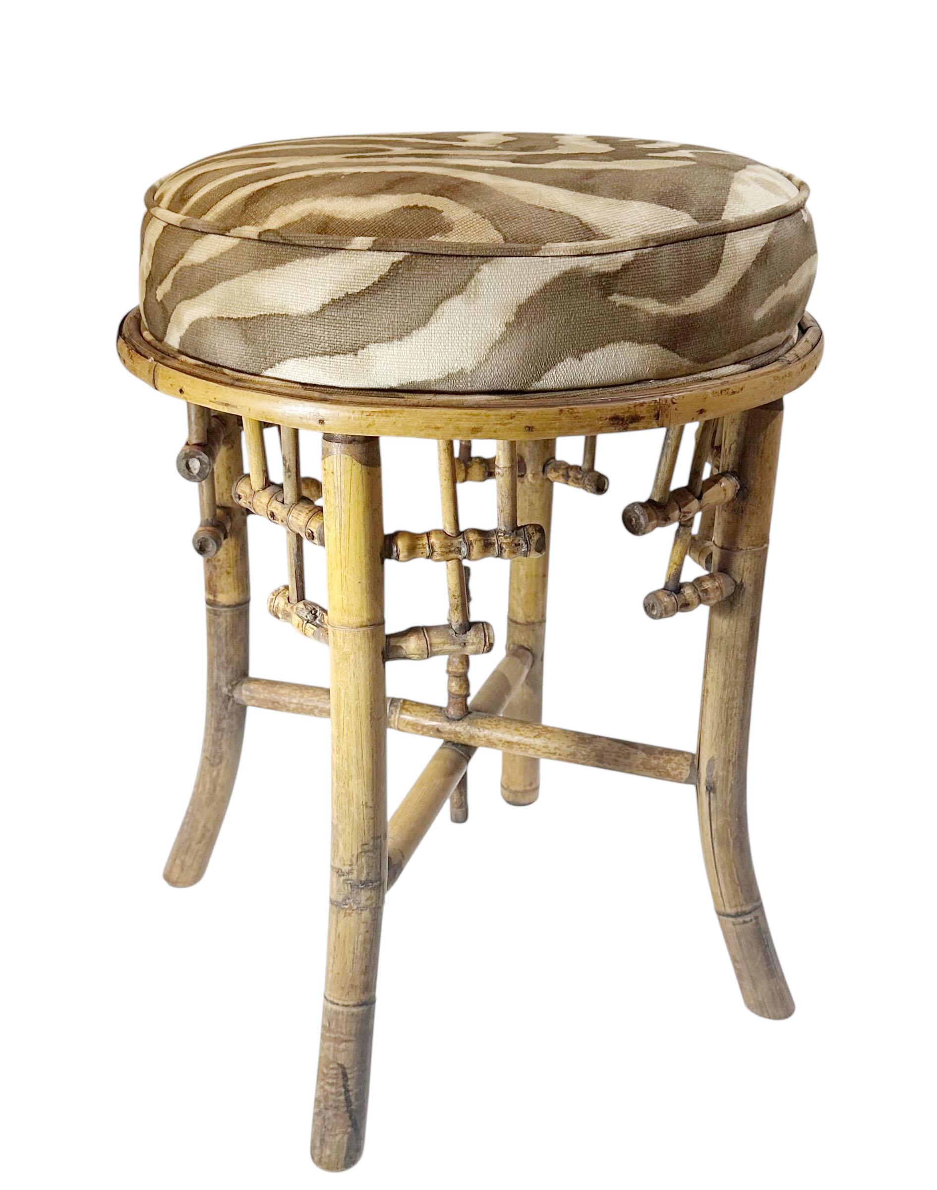 Mid-20th Century 1940s English Bamboo Footstool Upholstered in Vintage Clarence House Linen For Sale
