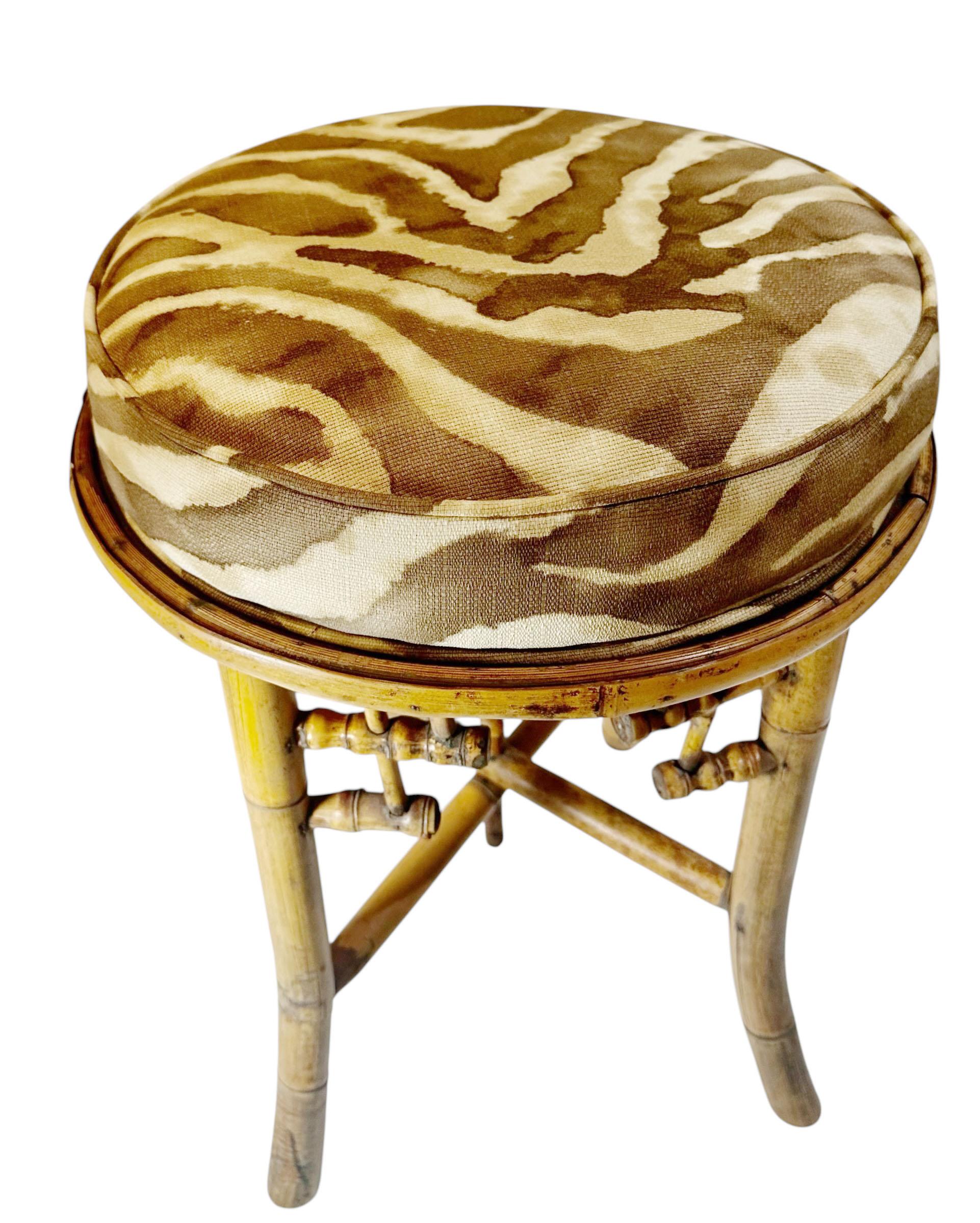 Textile 1940s English Bamboo Footstool Upholstered in Vintage Clarence House Linen For Sale