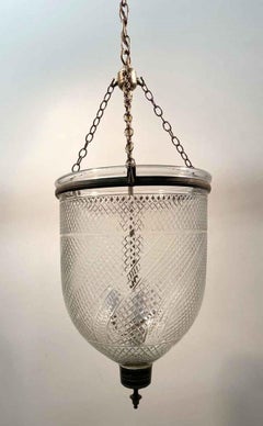 1940s English Clear Bell Jar Pendant Lantern with Etched Decorative Details