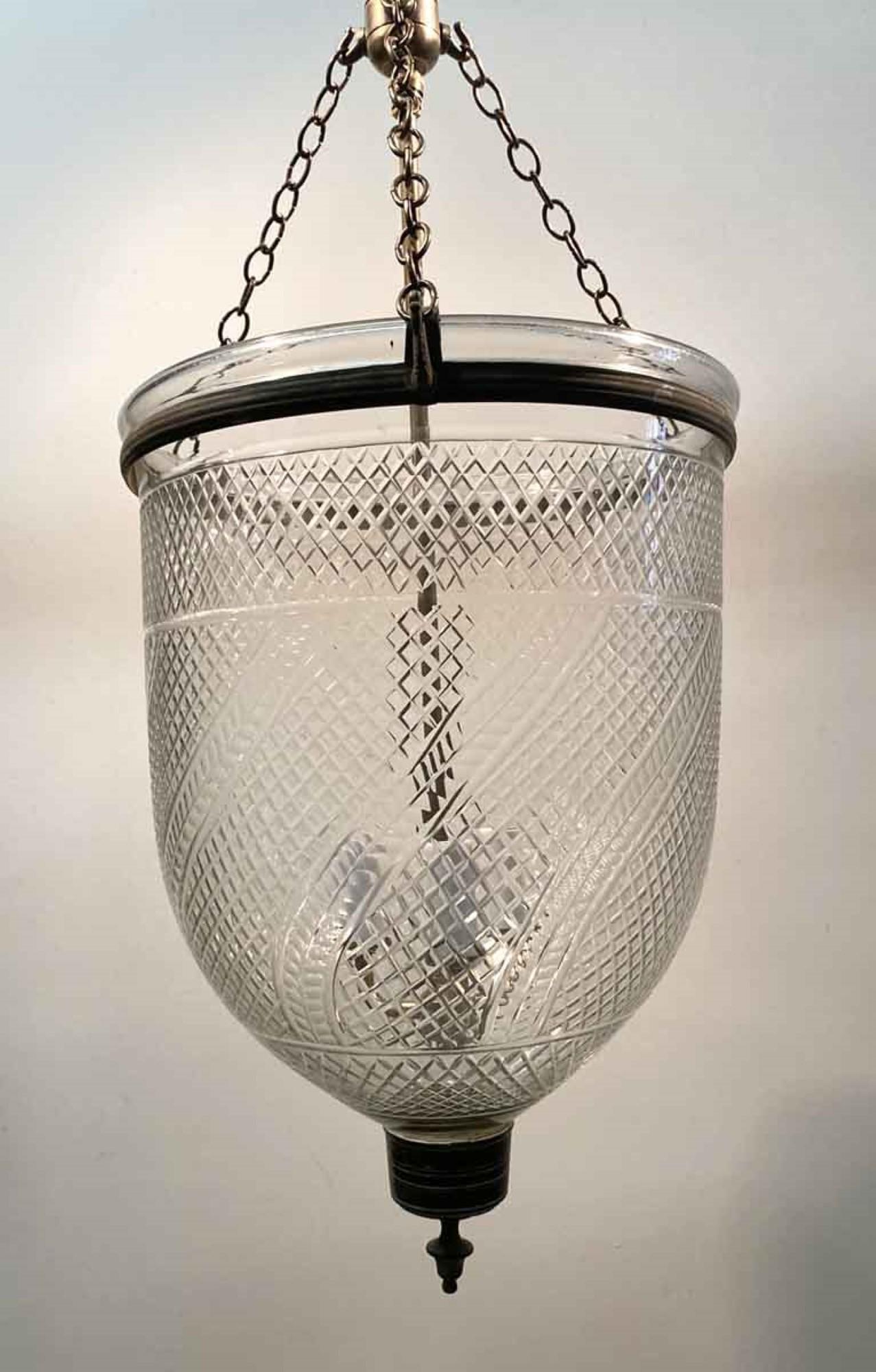 American 1940s English Clear Bell Jar Pendant Lantern with Etched Decorative Details