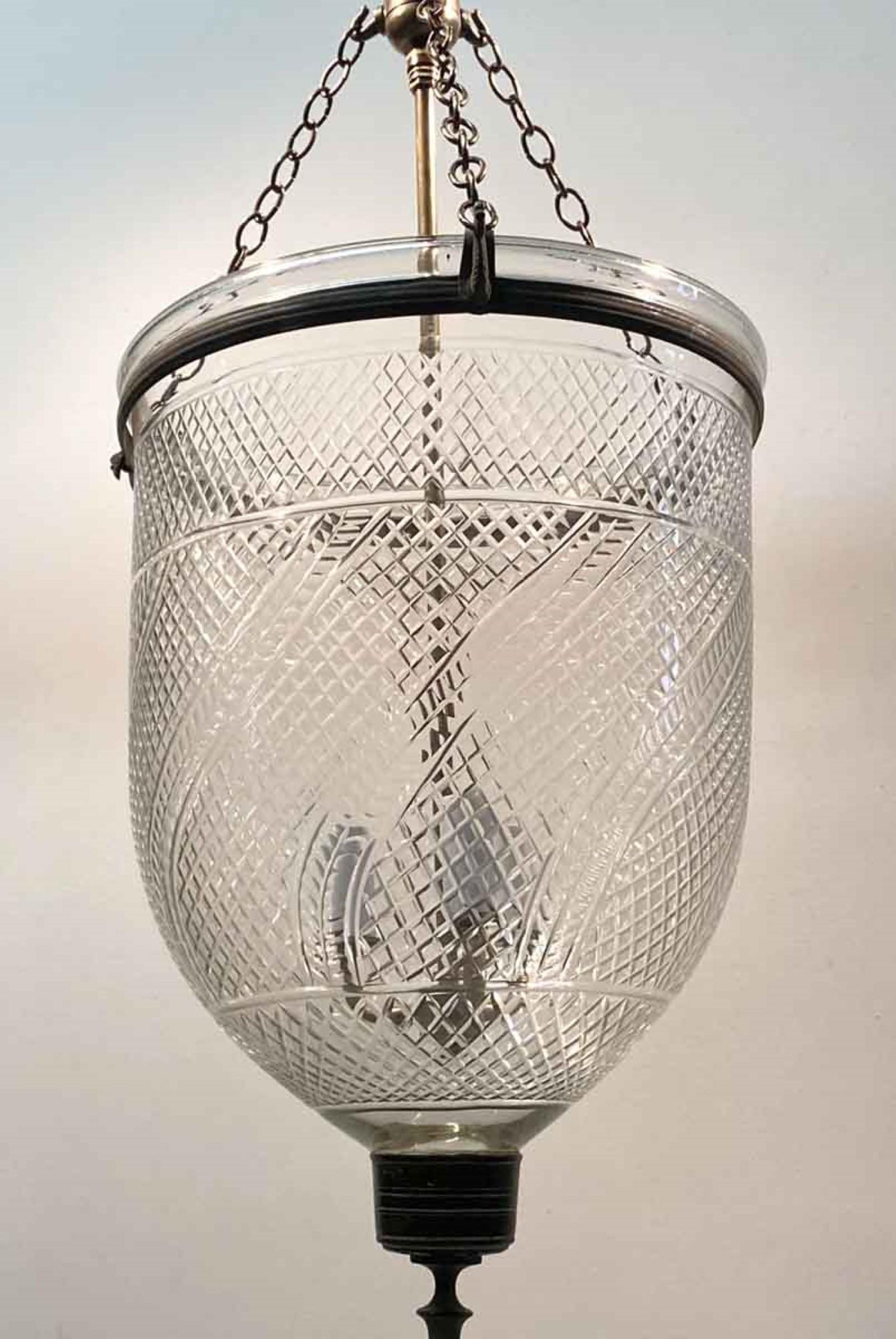 Brass 1940s English Clear Bell Jar Pendant Lantern with Etched Decorative Details