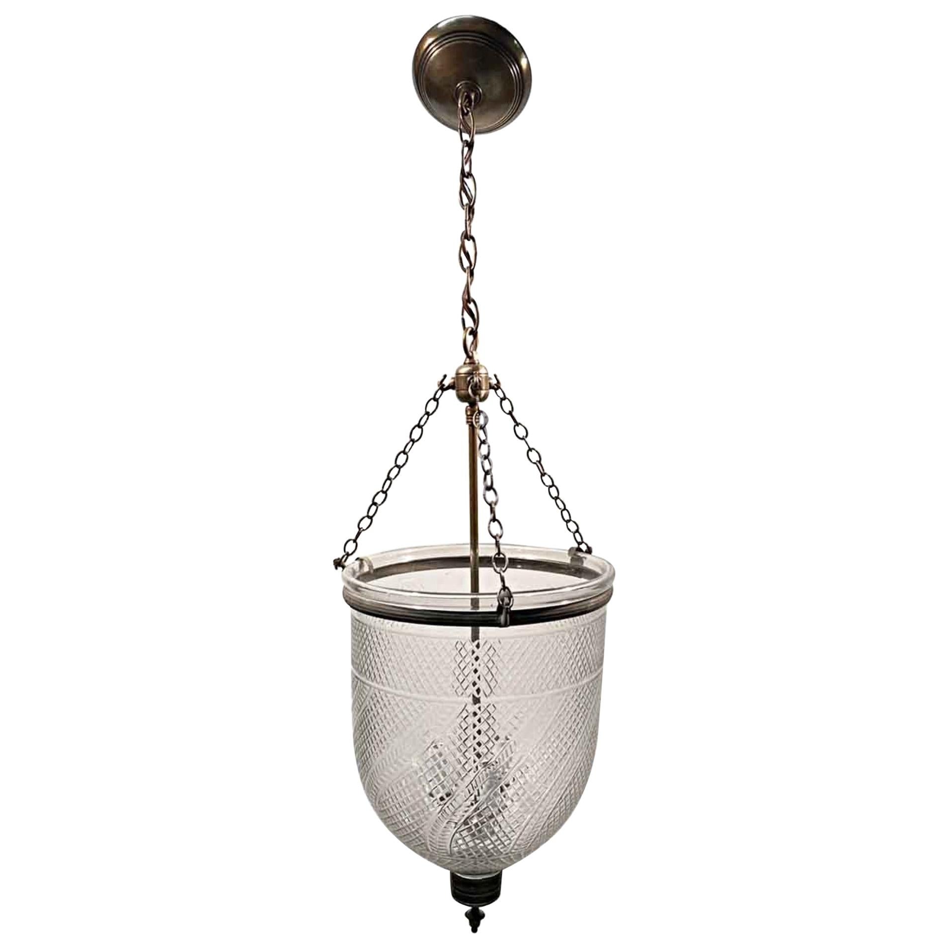 1940s English Clear Bell Jar Pendant Lantern with Etched Decorative Details