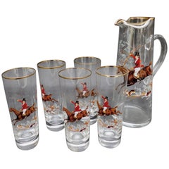 1940's English Glass Pitcher and Glasses with Equestrian Fox Hunting Scene
