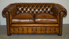 1940's ENGLISH HAND DYED RESTORED WHISKY BROWN LEATHER CHESTERFIELD CLUB SOFA