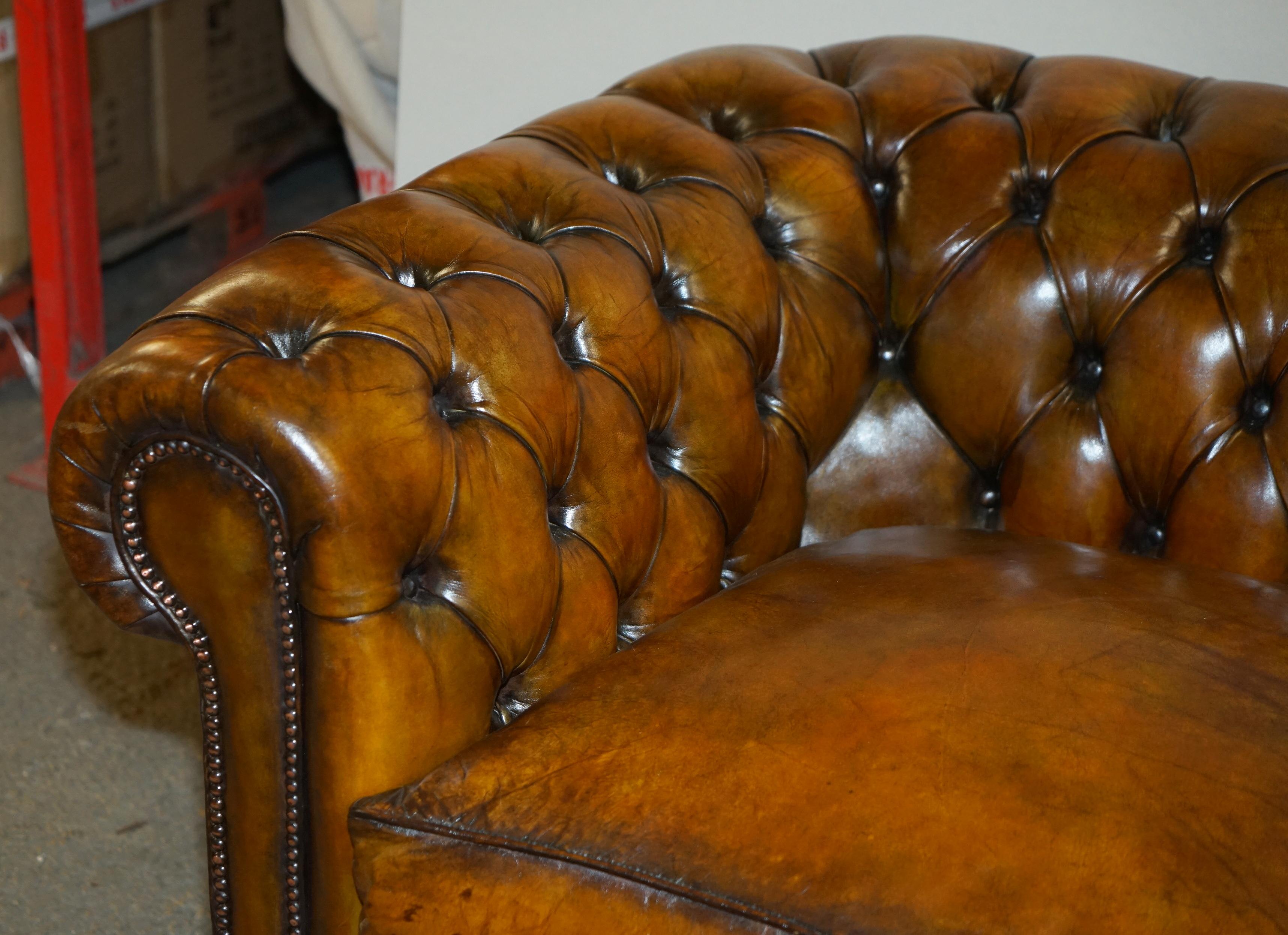 Art Deco 1940's ENGLISH HAND DYED RESTORED WHISKY BROWN LEATHER CHESTERFIELD CLUB SOFA For Sale