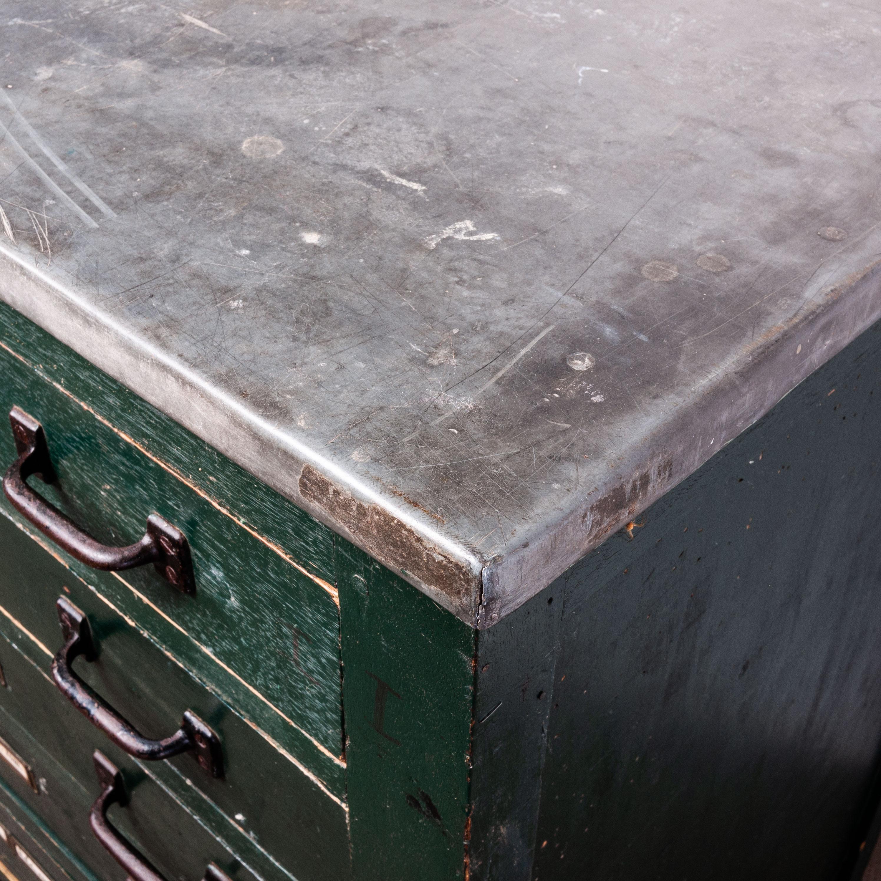 Painted 1940s English Industrial Cabinet, Chest of Drawers, Sideboard with Zinc Top