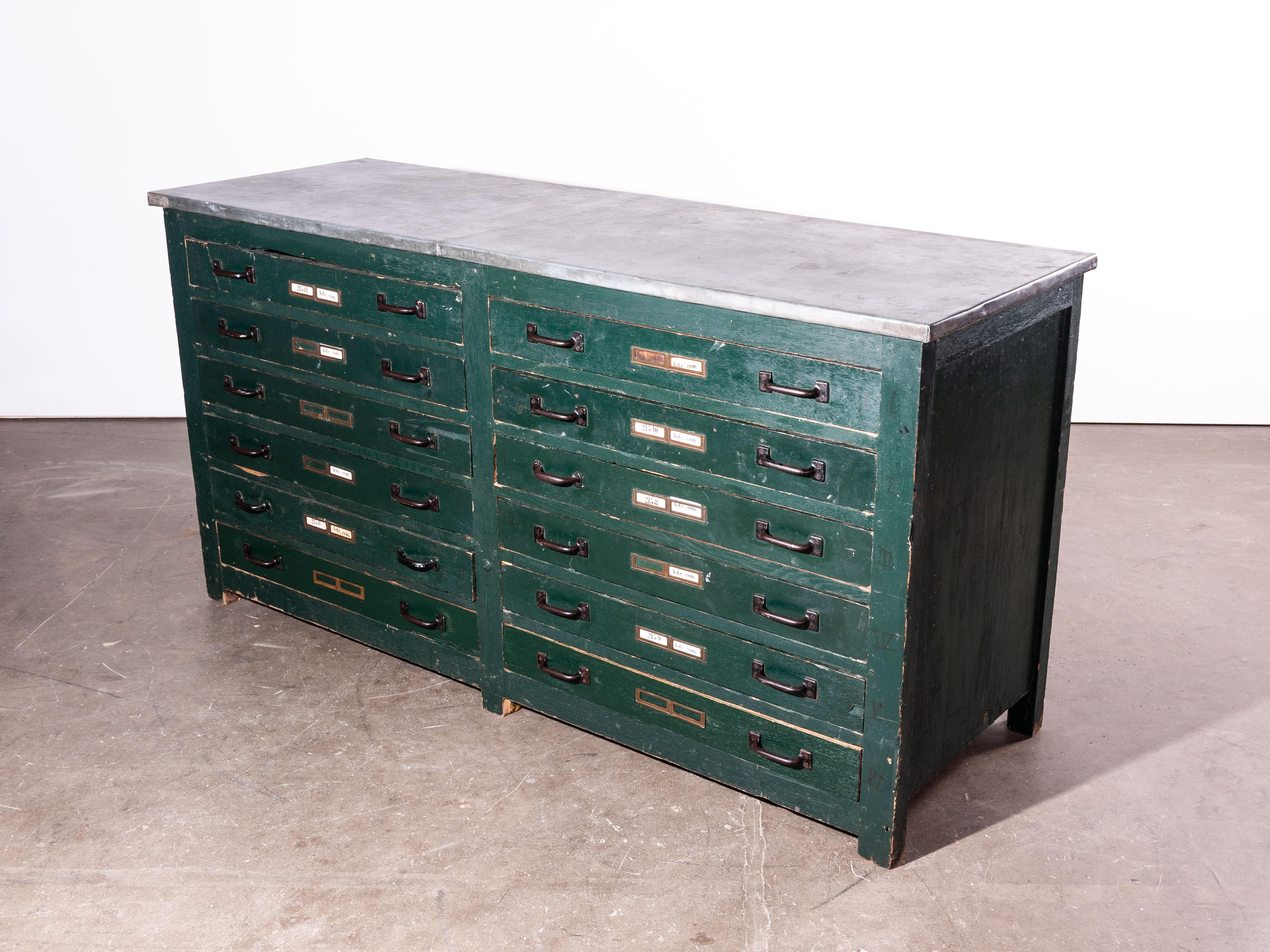 20th Century 1940s English Industrial Cabinet, Chest of Drawers, Sideboard with Zinc Top