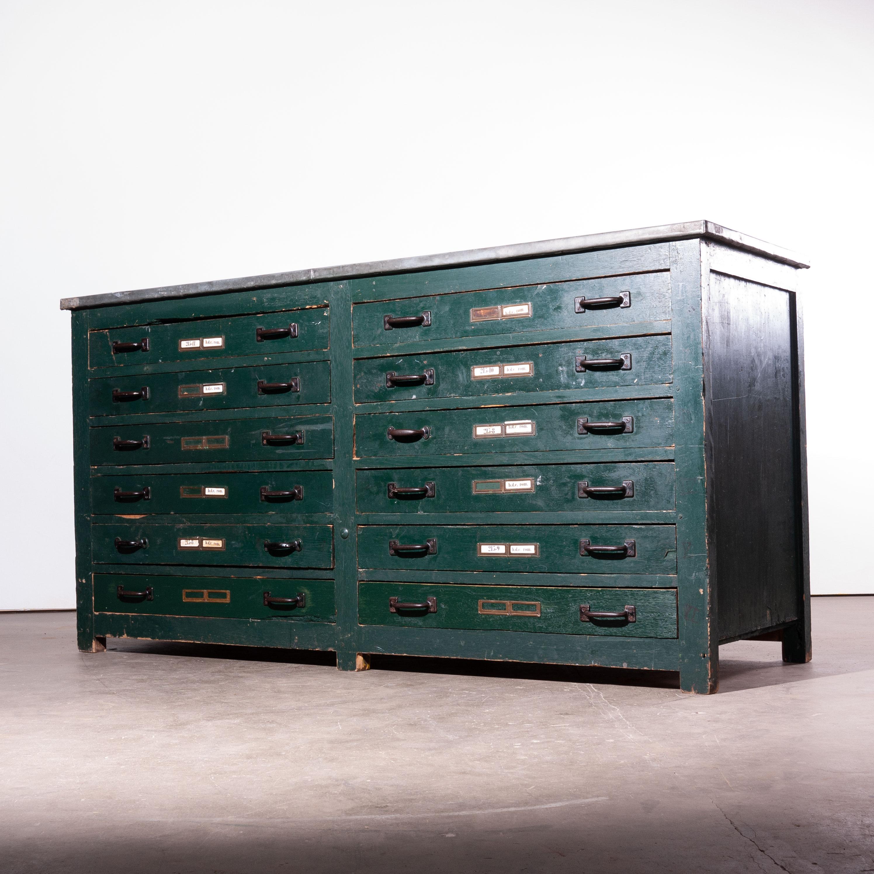 1940s English Industrial Cabinet, Chest of Drawers, Sideboard with Zinc Top 1