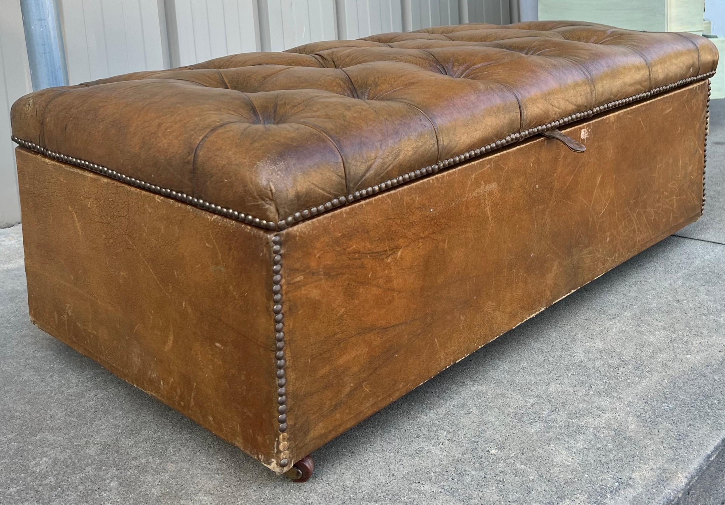 1940s English Leather Chesterfield Style Bench / Coffee Table with Storage 1