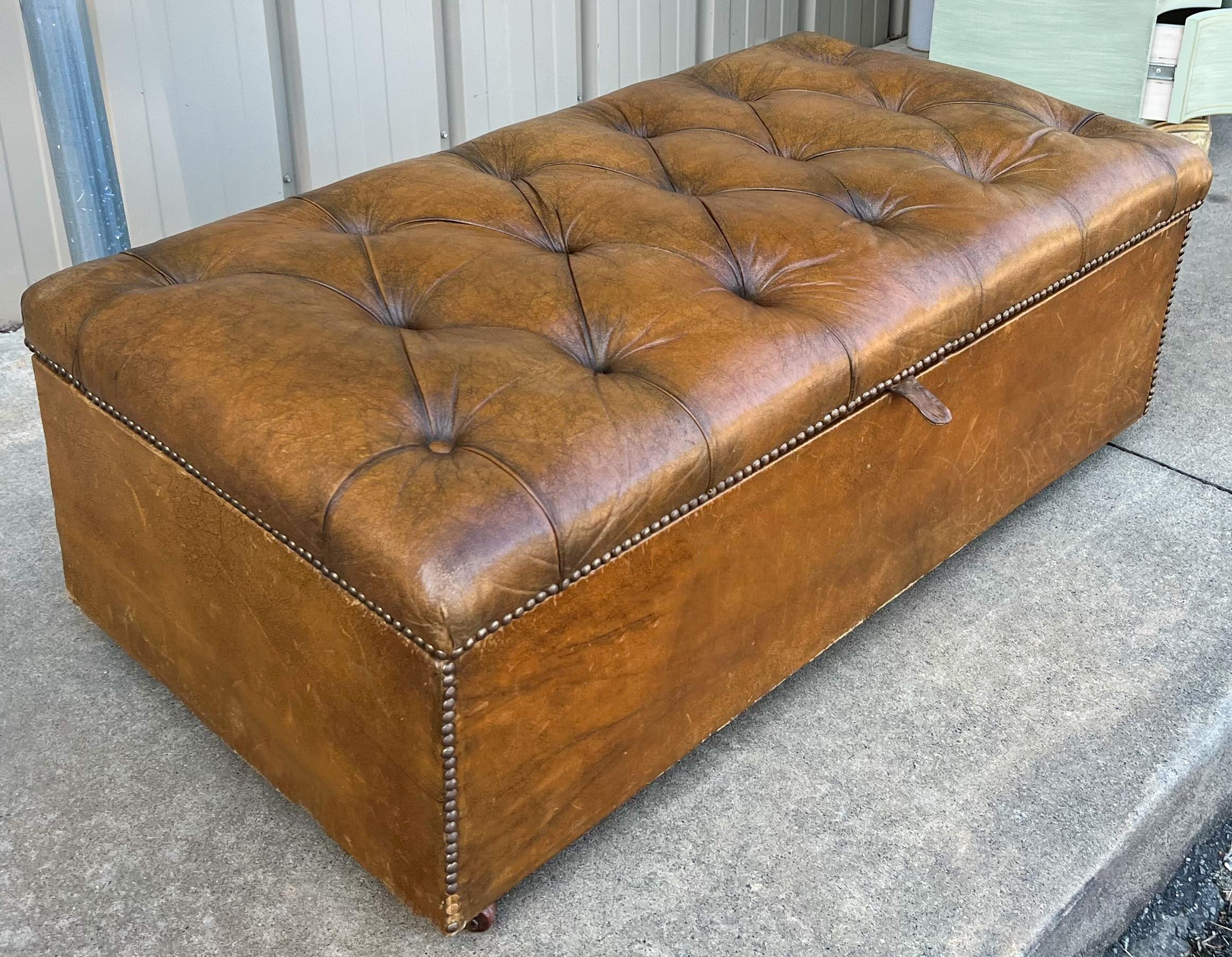 1940s English Leather Chesterfield Style Bench / Coffee Table with Storage 3
