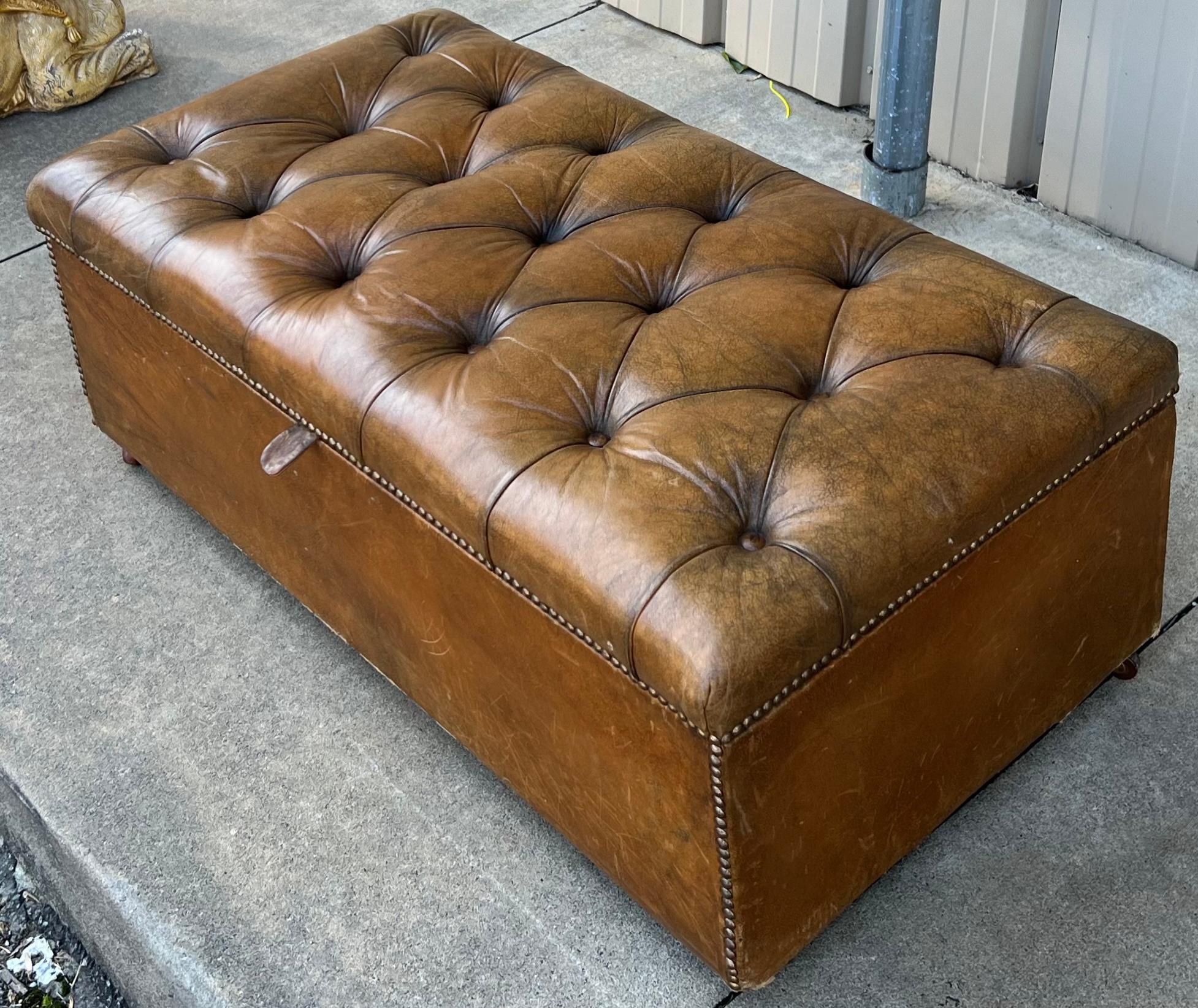 1940s English Leather Chesterfield Style Bench / Coffee Table with Storage 4