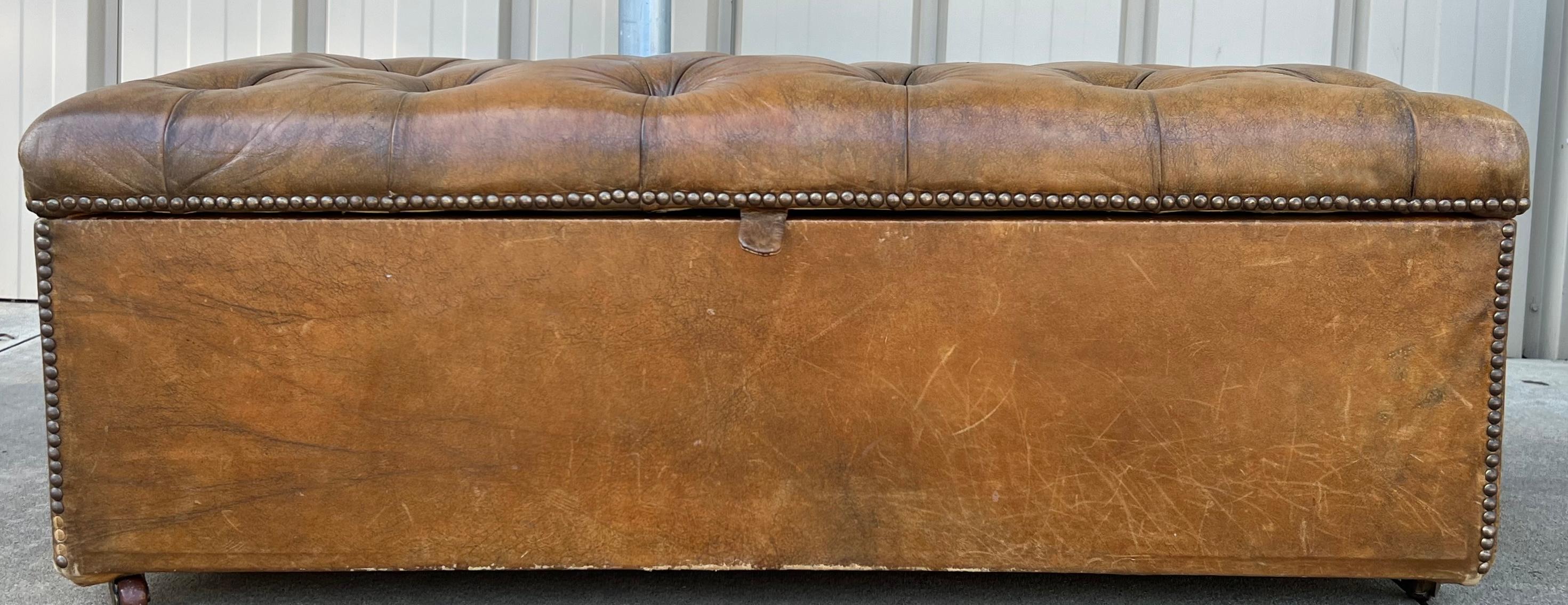 1940s English Leather Chesterfield Style Bench / Coffee Table with Storage 5