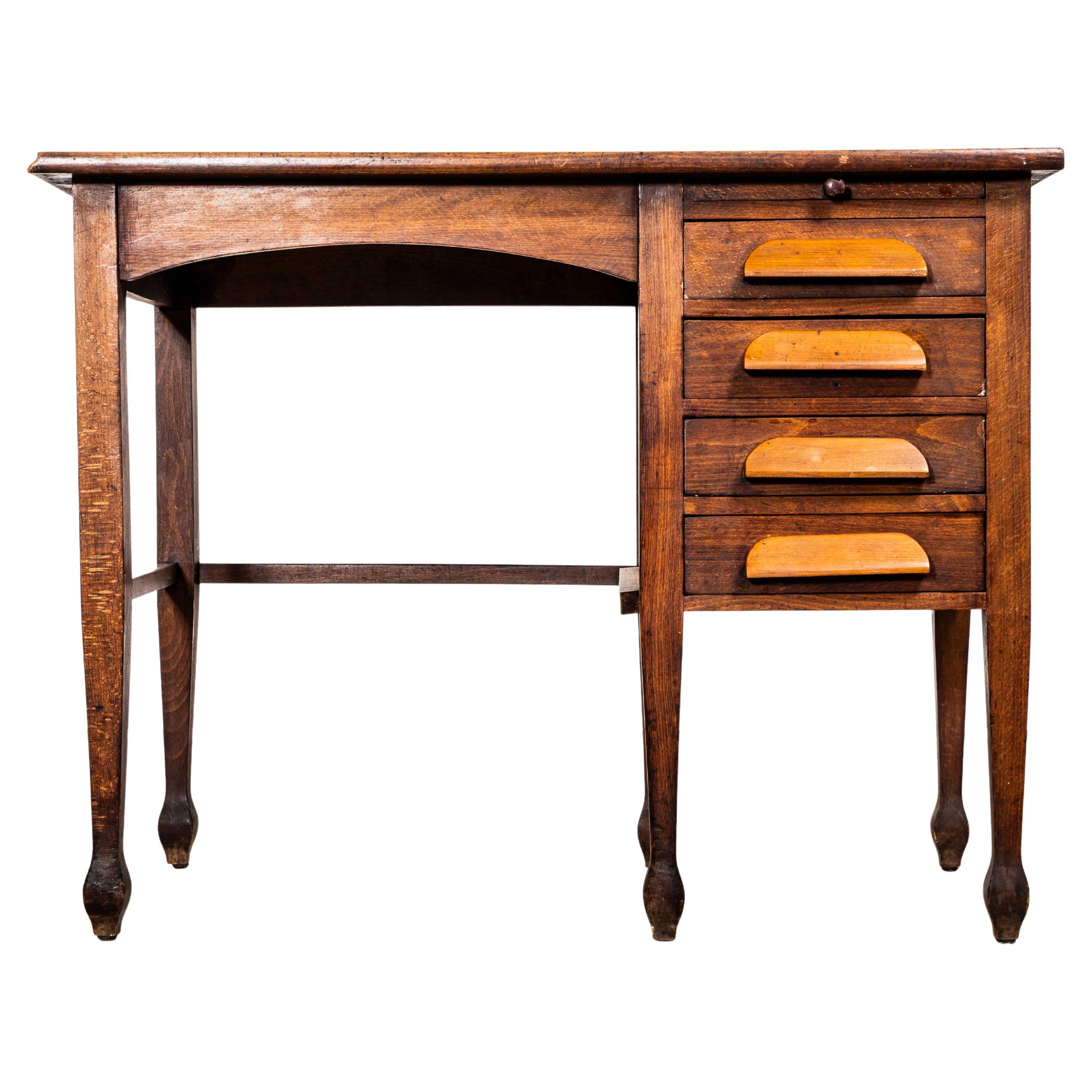 1940's English Oak Compact Desk - Four Drawer