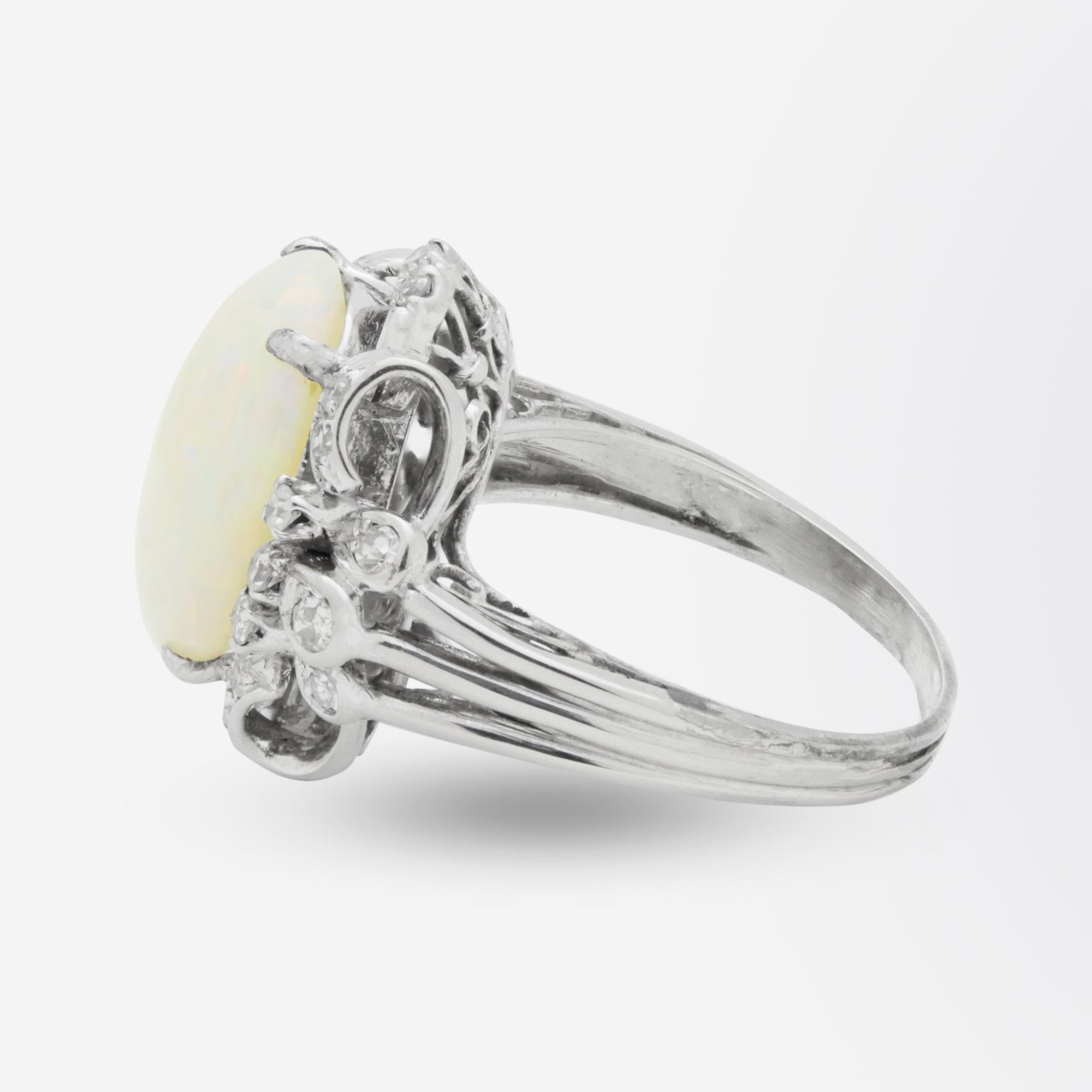 Art Deco 1940s Era, 18 Karat White Gold, Cabochon Opal, and Diamond Ring
