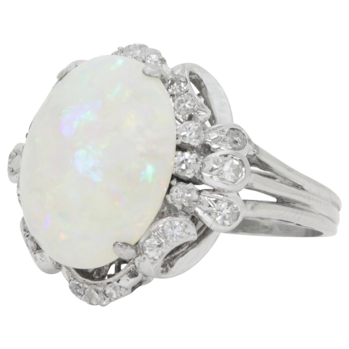 1940s Era, 18 Karat White Gold, Cabochon Opal, and Diamond Ring