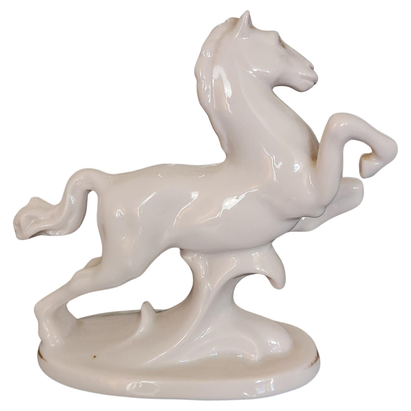 Mid-Century Modern 1940s Erphila German Horse Figurine White Porcelain Gold Trim For Sale