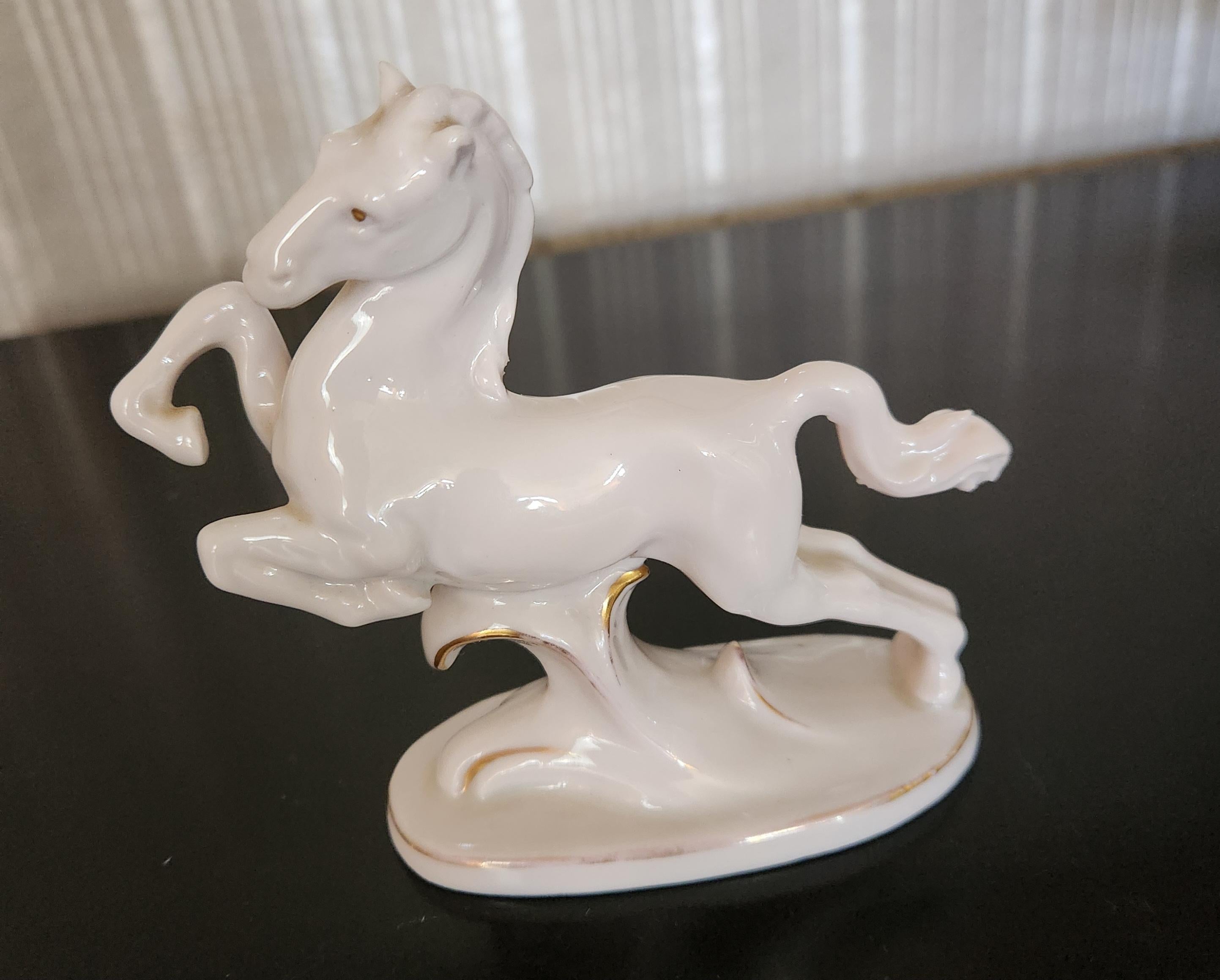 20th Century 1940s Erphila German Horse Figurine White Porcelain Gold Trim For Sale