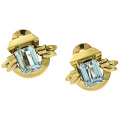 1940s Estate Cartier Retro Aquamarine Solid Gold Earrings