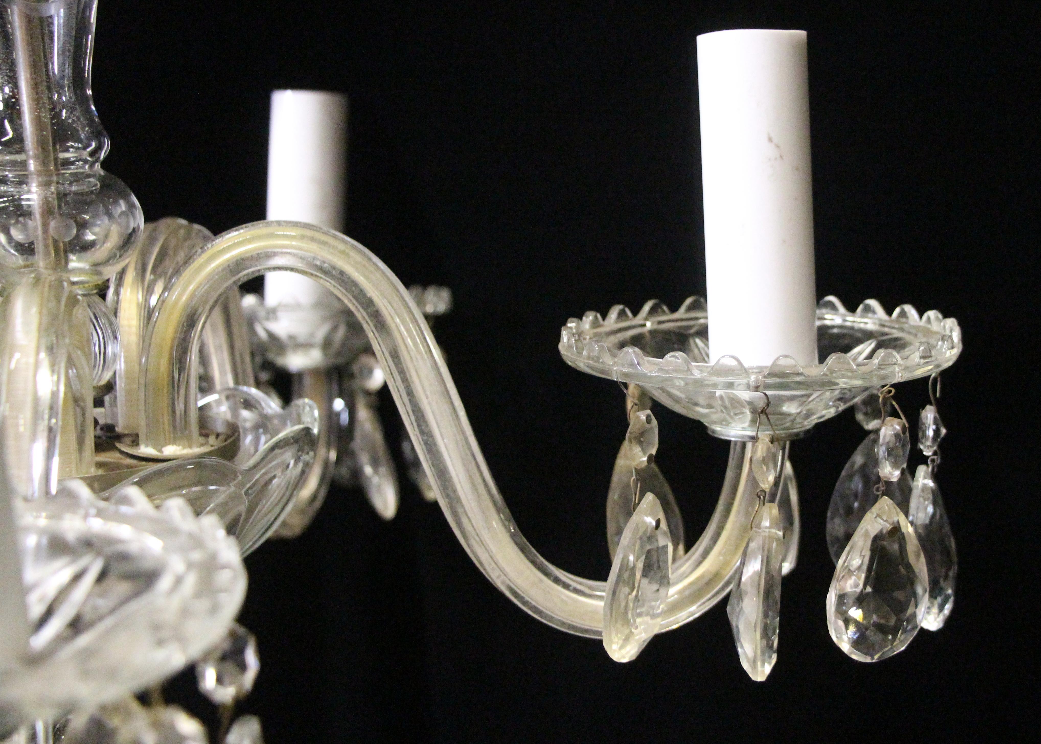 American 1940s Etched Glass 5 Light Crystal Chandelier w/ Pressed Bobeches